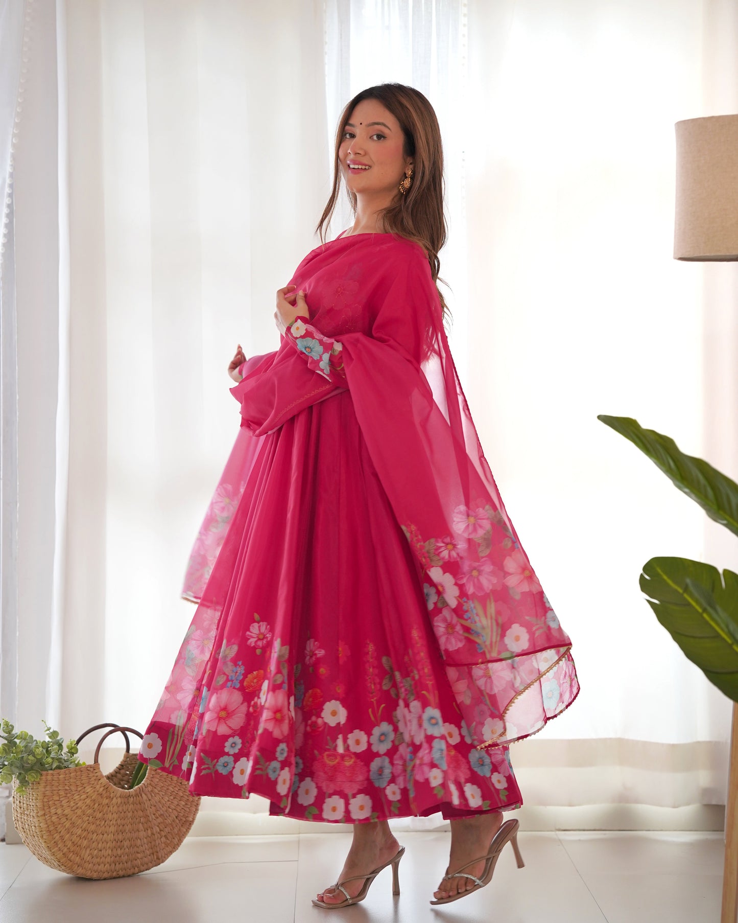 Lorenvalley Parrot Soft Organza Silk With Floral Print Fully Flared Anarkali Pant With Dupatta Set - Magenta | Swadesiicart