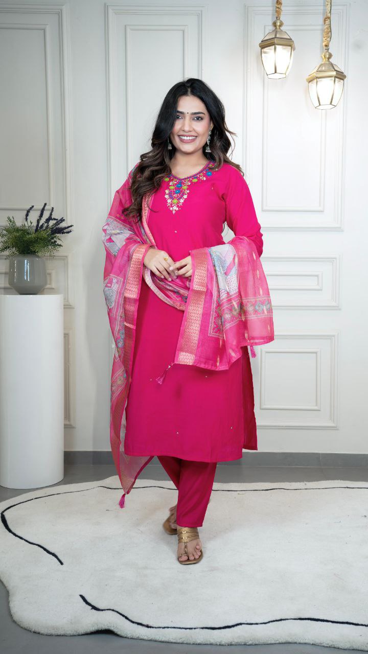 Lorenvalley Fashion Magenta Roman Silk Hand Work Kurta Pant with Dupatta - Swadesiicart