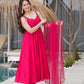 Lorenvalley Magenta Pure Romansilk Chanderi Fabric Yoke Fancy Lace Work Anarkali Kurta Pant With Dupatta Set | Swadesiicart