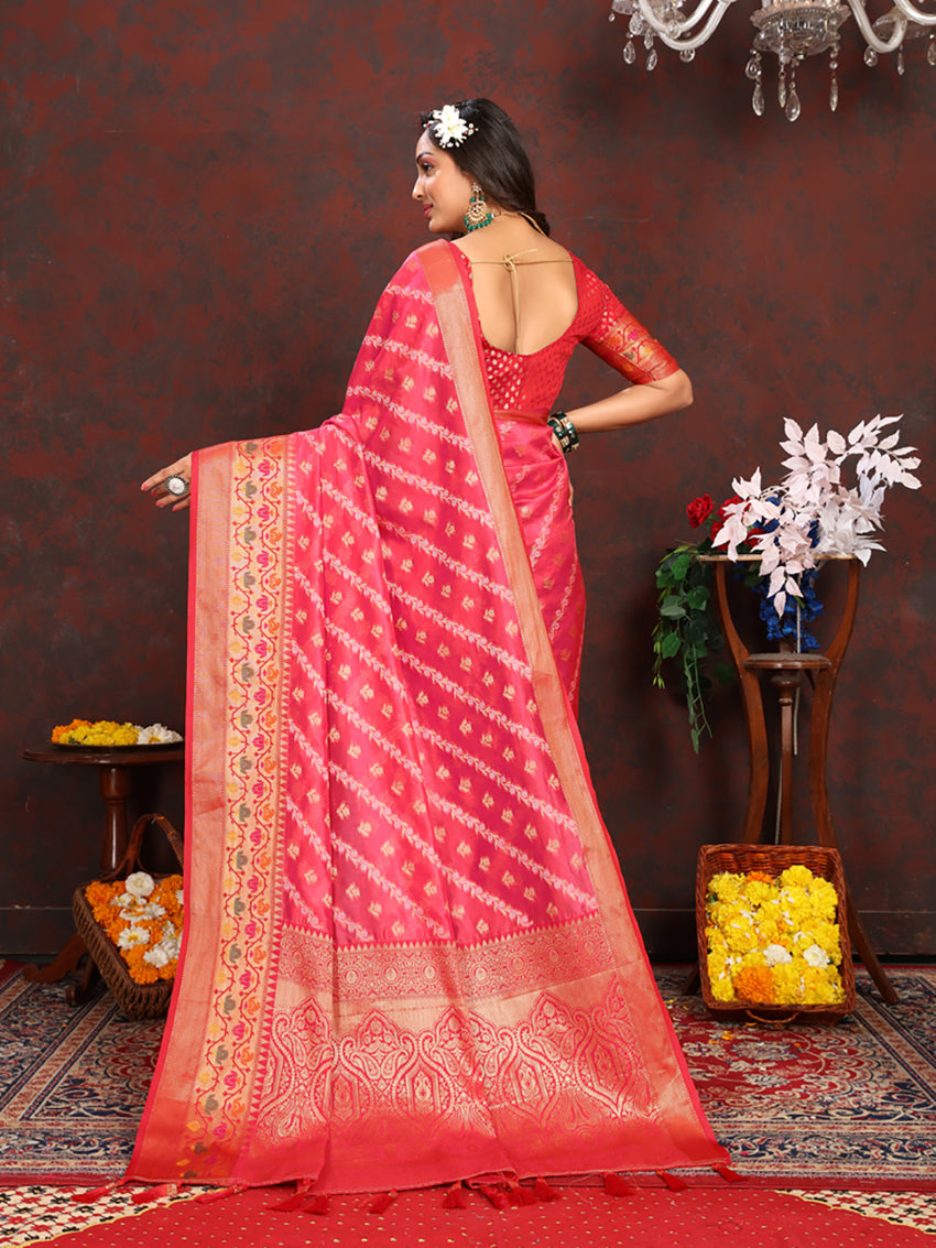 Lorenvalley Fashion Magenta Organza Silk Woven Design with Rich Meenakari Weaving Pallu Saree - Swadesiicart