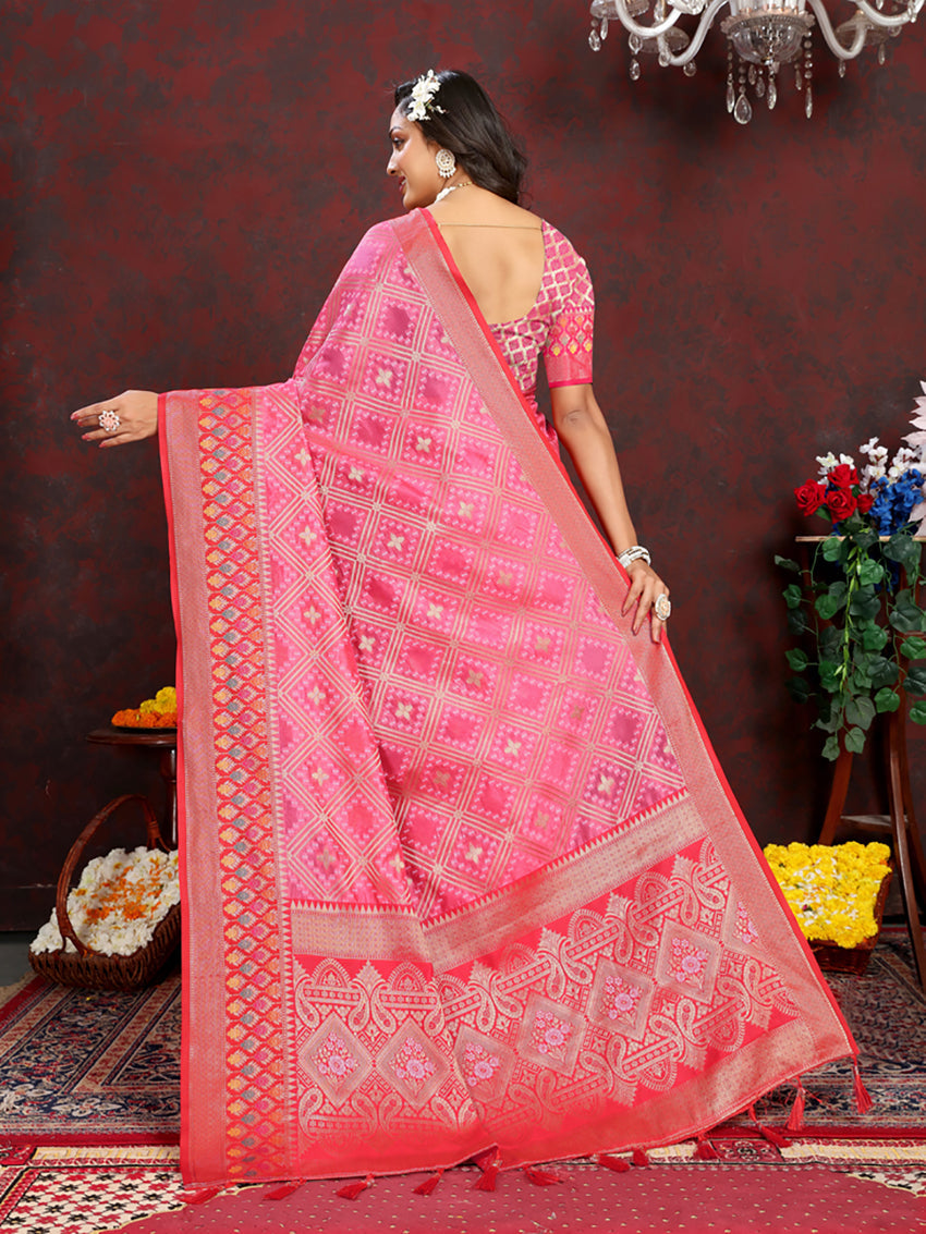 Lorenvalley Fashion Magenta Organza Silk Woven Design with Rich Meenakari Weaving Pallu Saree - Swadesiicart