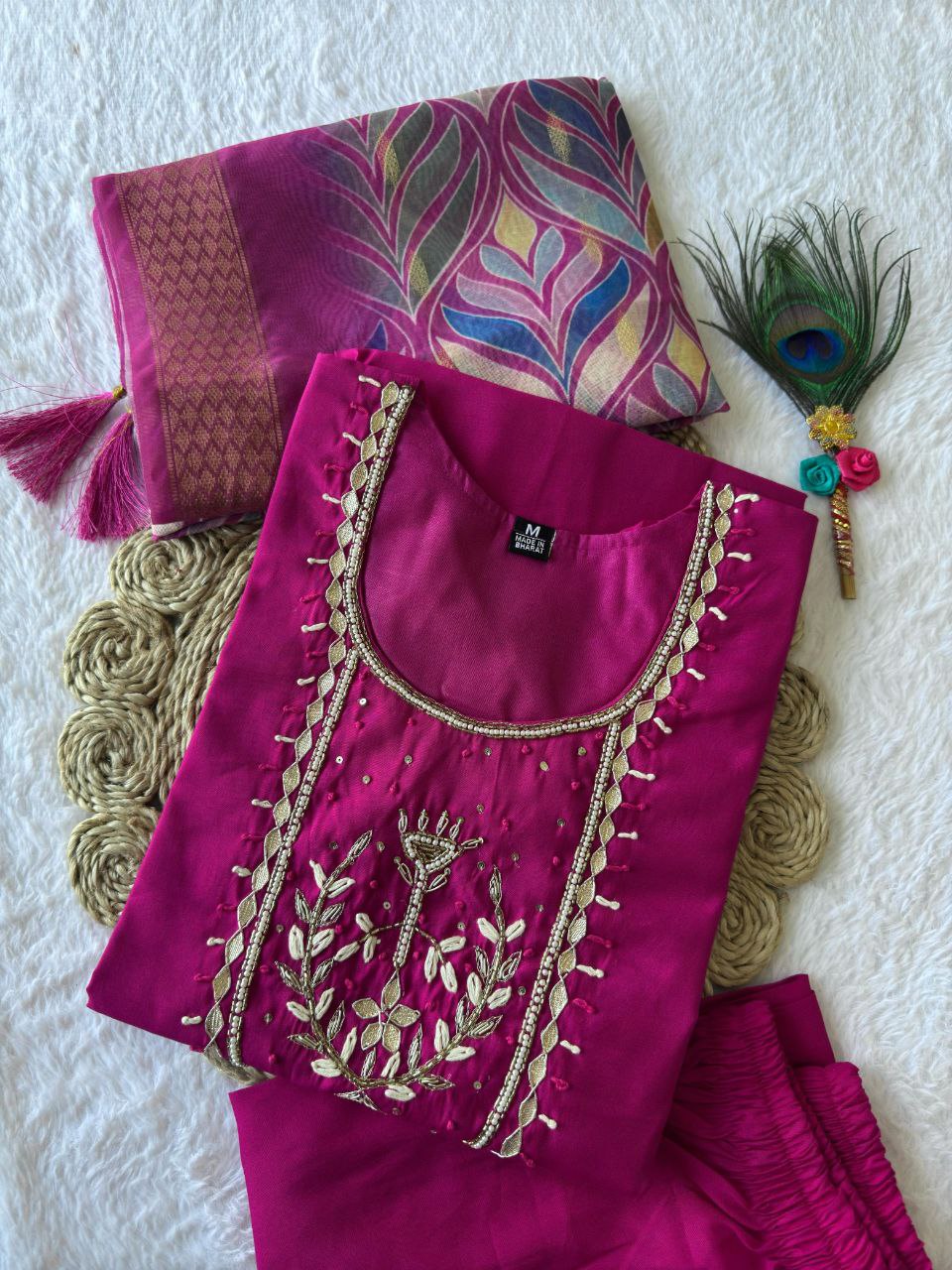 Lorenvalley Fashion Magenta Roman Silk Hand Work Kurta Pant with Dupatta - Swadesiicart