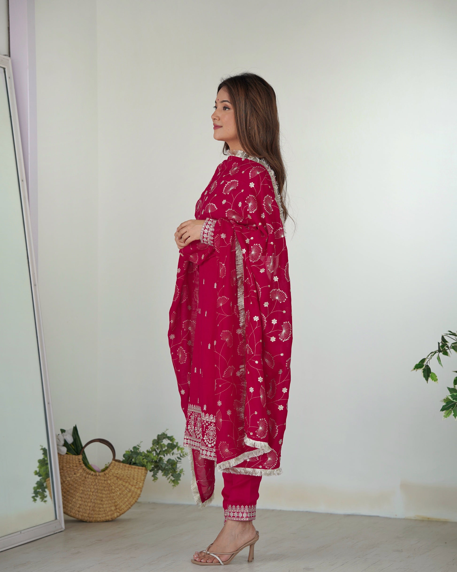 Lorenvalley Magenta Rangoli Silk Embroidery Sequence and Jari Work Kurta Trousers with Dupatta Set | Swadesiicart