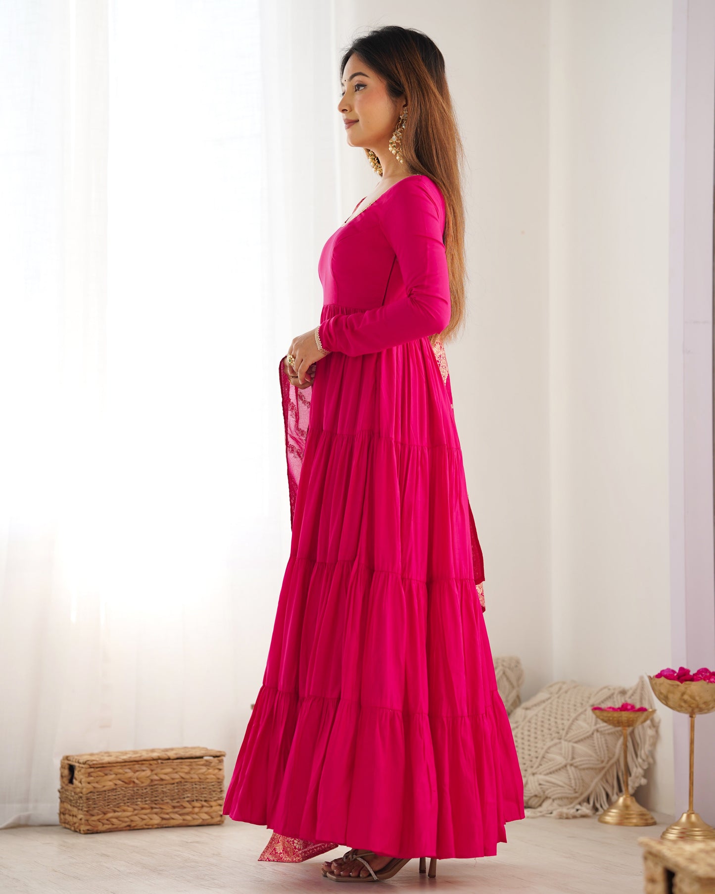 Lorenvalley Women Pure Roman silk Chanderi Fabric Layer Gathering Anarkali Kurta Pant With Dupatta Set - Magenta | Swadesiicart
