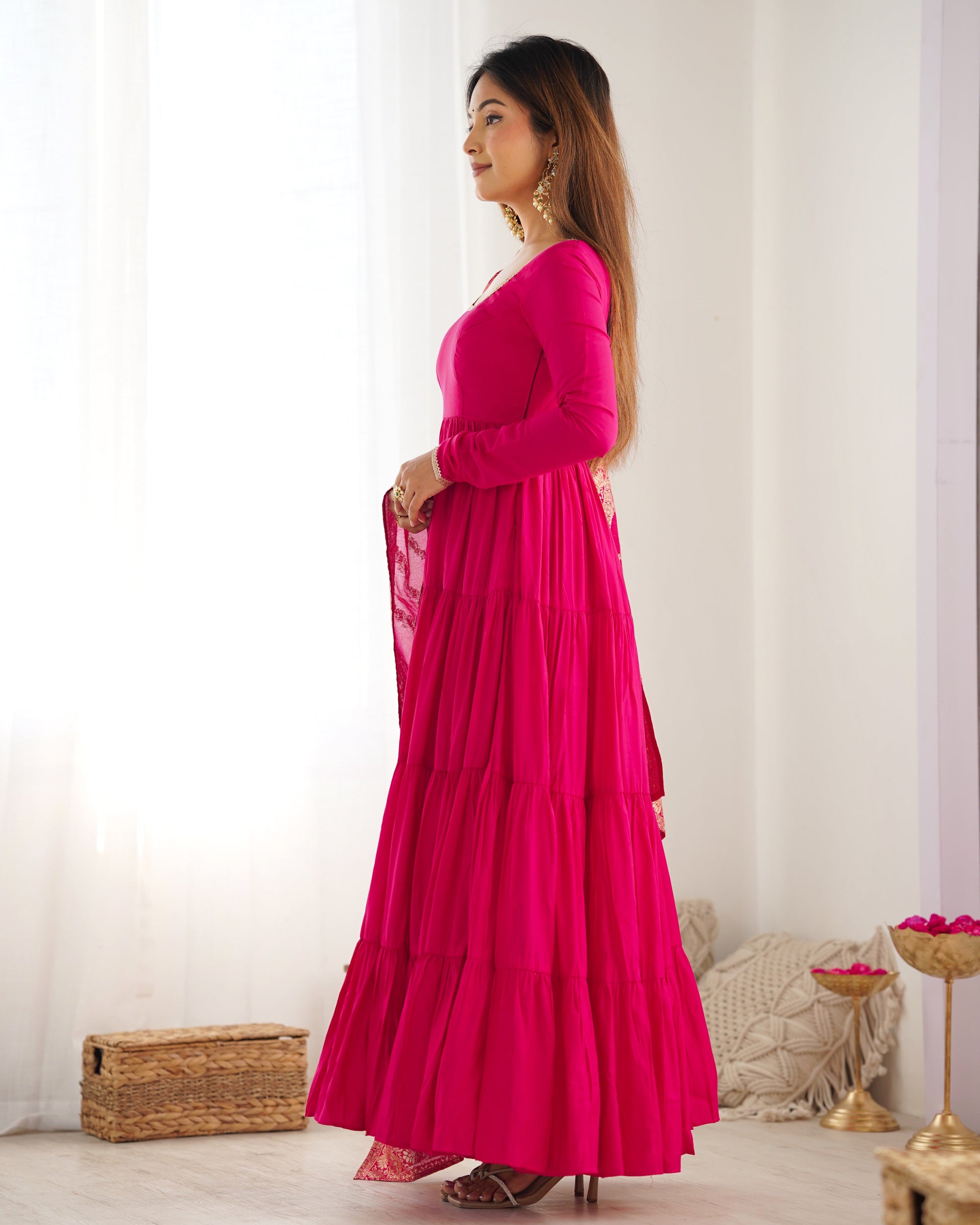 Lorenvalley Women Pure Roman silk Chanderi Fabric Layer Gathering Anarkali Kurta Pant With Dupatta Set - Magenta | Swadesiicart