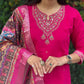 Lorenvalley Fashion Magenta Roman Silk Embroidery Multi Work Kurta Pant with Dupatta - Swadesiicart