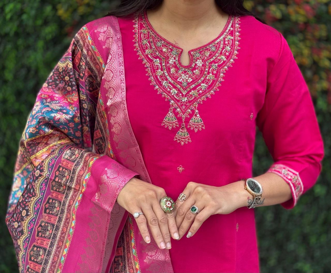 Lorenvalley Fashion Magenta Roman Silk Embroidery Multi Work Kurta Pant with Dupatta - Swadesiicart