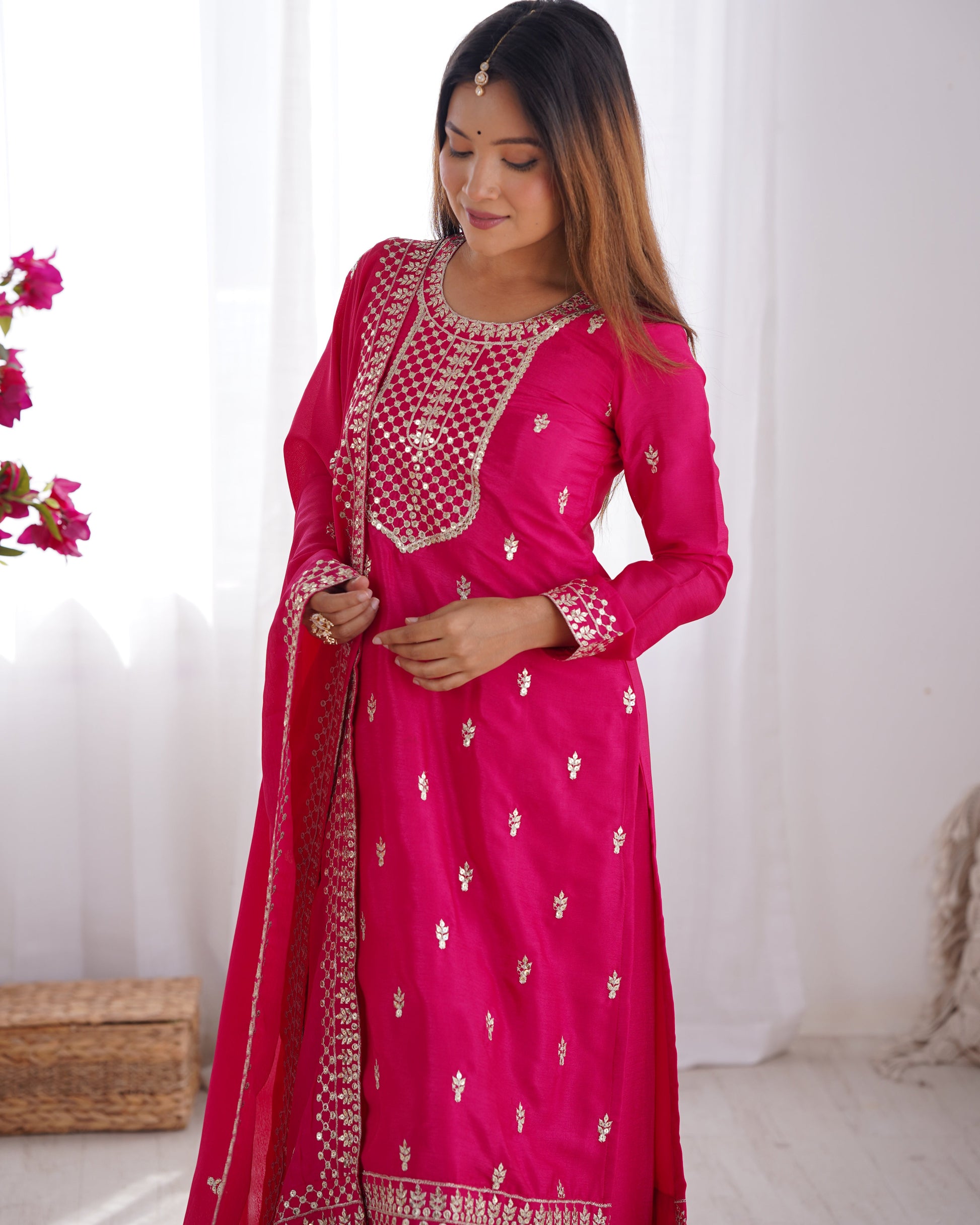 Lorenvalley Magenta Chinon Silk Embroidery Sequence and Jari Work Kurta Trousers with Dupatta Set | Swadesiicart