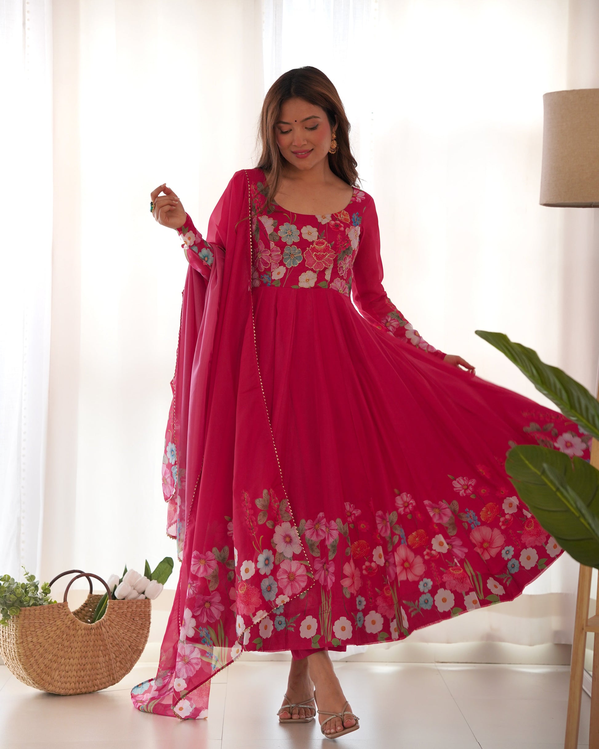Lorenvalley Parrot Soft Organza Silk With Floral Print Fully Flared Anarkali Pant With Dupatta Set - Magenta | Swadesiicart