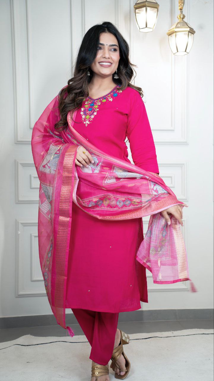 Lorenvalley Fashion Magenta Roman Silk Hand Work Kurta Pant with Dupatta - Swadesiicart