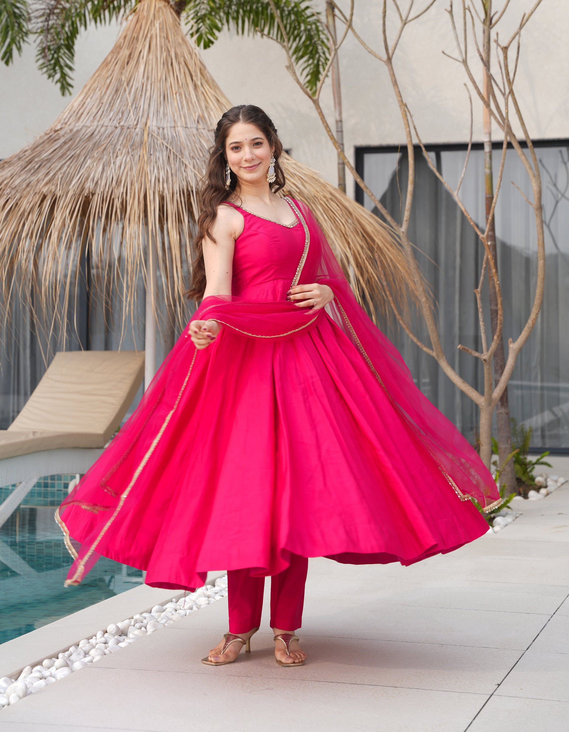 Lorenvalley Magenta Pure Romansilk Chanderi Fabric Yoke Fancy Lace Work Anarkali Kurta Pant With Dupatta Set | Swadesiicart