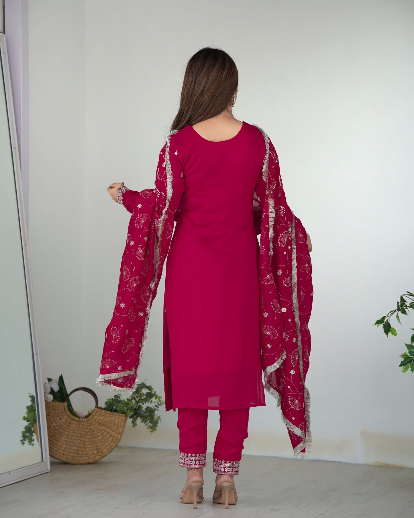 Lorenvalley Magenta Rangoli Silk Embroidery Sequence and Jari Work Kurta Trousers with Dupatta Set | Swadesiicart