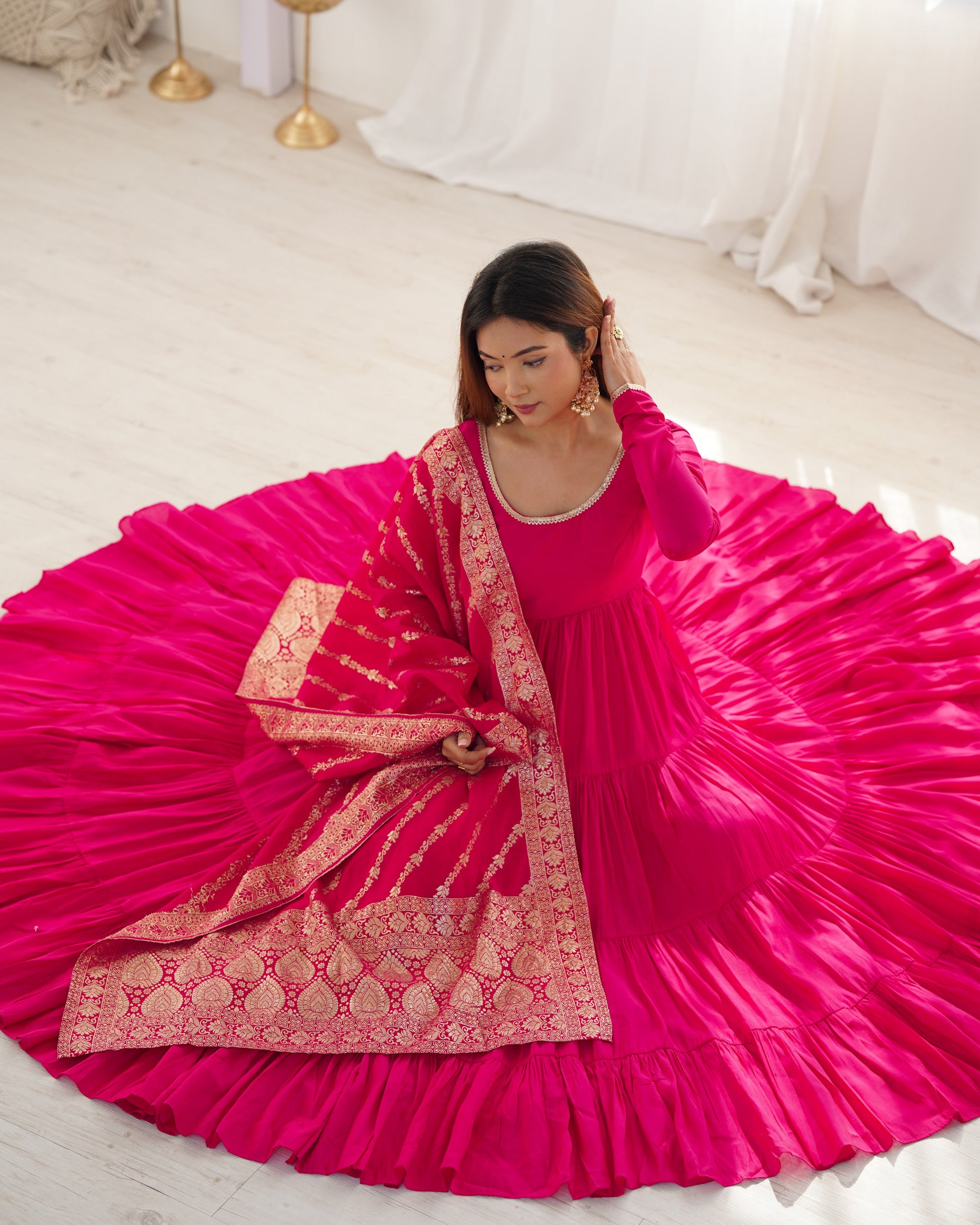 Lorenvalley Women Pure Roman silk Chanderi Fabric Layer Gathering Anarkali Kurta Pant With Dupatta Set - Magenta | Swadesiicart