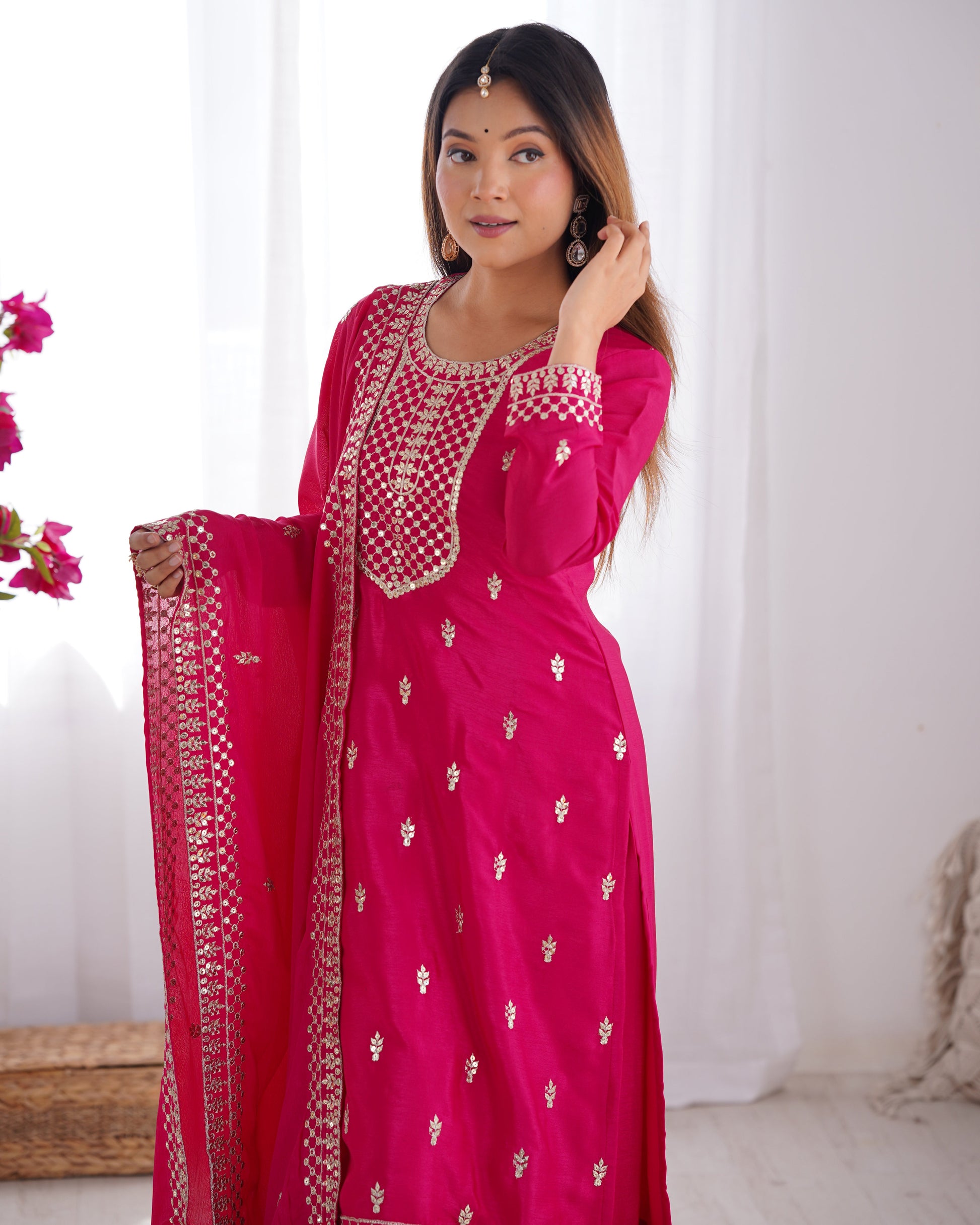 Lorenvalley Magenta Chinon Silk Embroidery Sequence and Jari Work Kurta Trousers with Dupatta Set | Swadesiicart