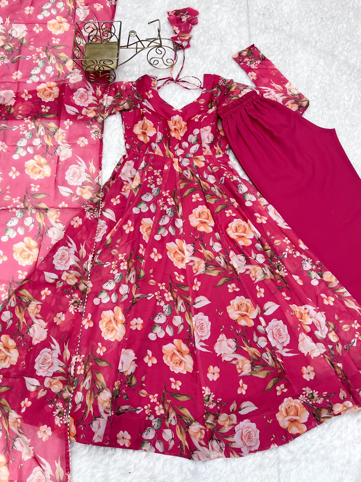Lorenvalley Magenta Soft Organza Silk With Floral Print Fully Flared Anarkali Pant With Dupatta Set | Swadesiicart