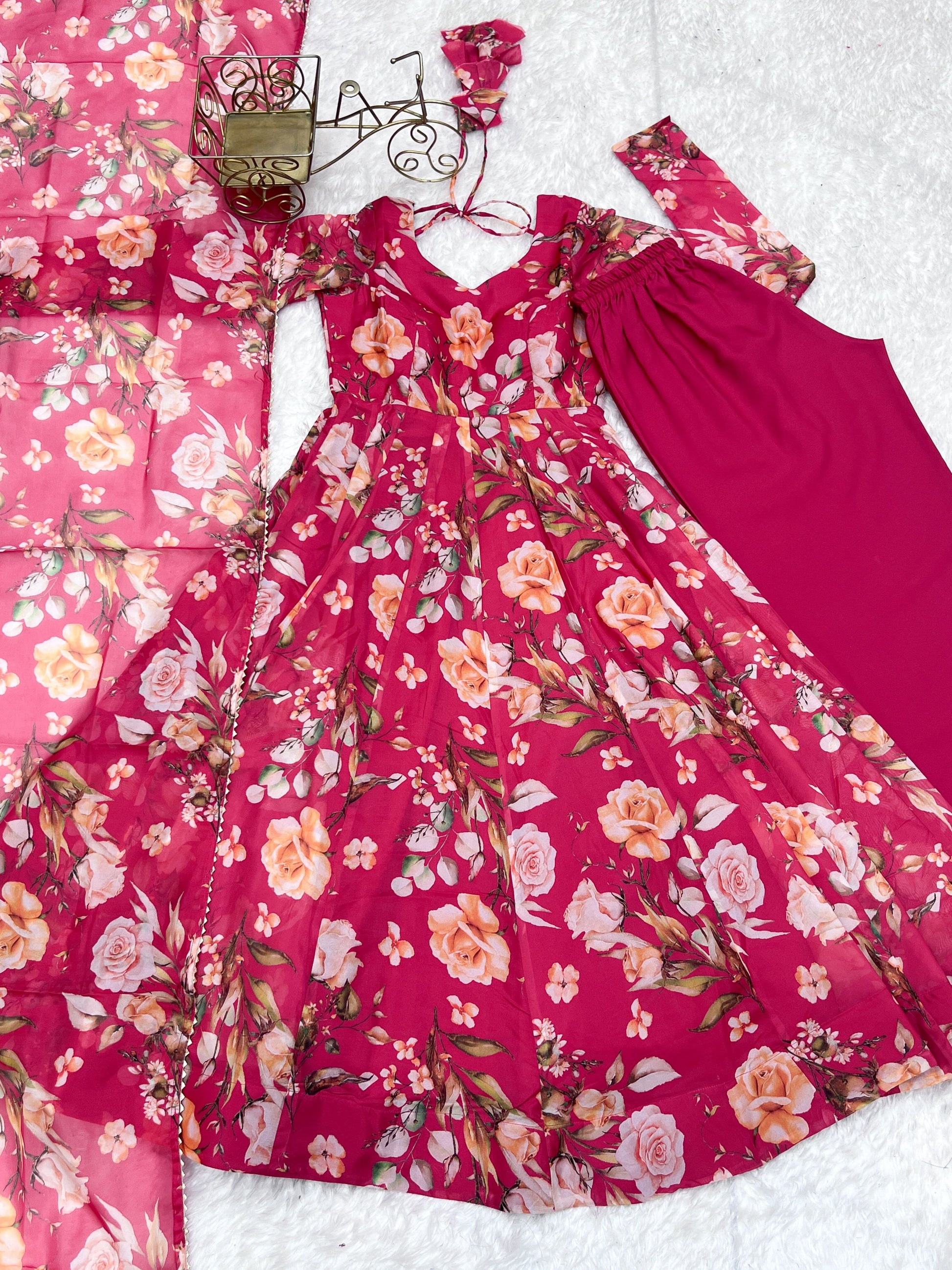 Lorenvalley Magenta Soft Organza Silk With Floral Print Fully Flared Anarkali Pant With Dupatta Set | Swadesiicart