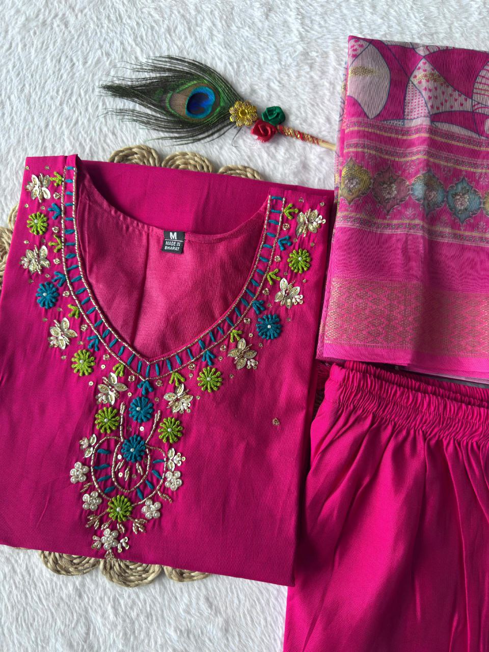Lorenvalley Fashion Magenta Roman Silk Hand Work Kurta Pant with Dupatta - Swadesiicart