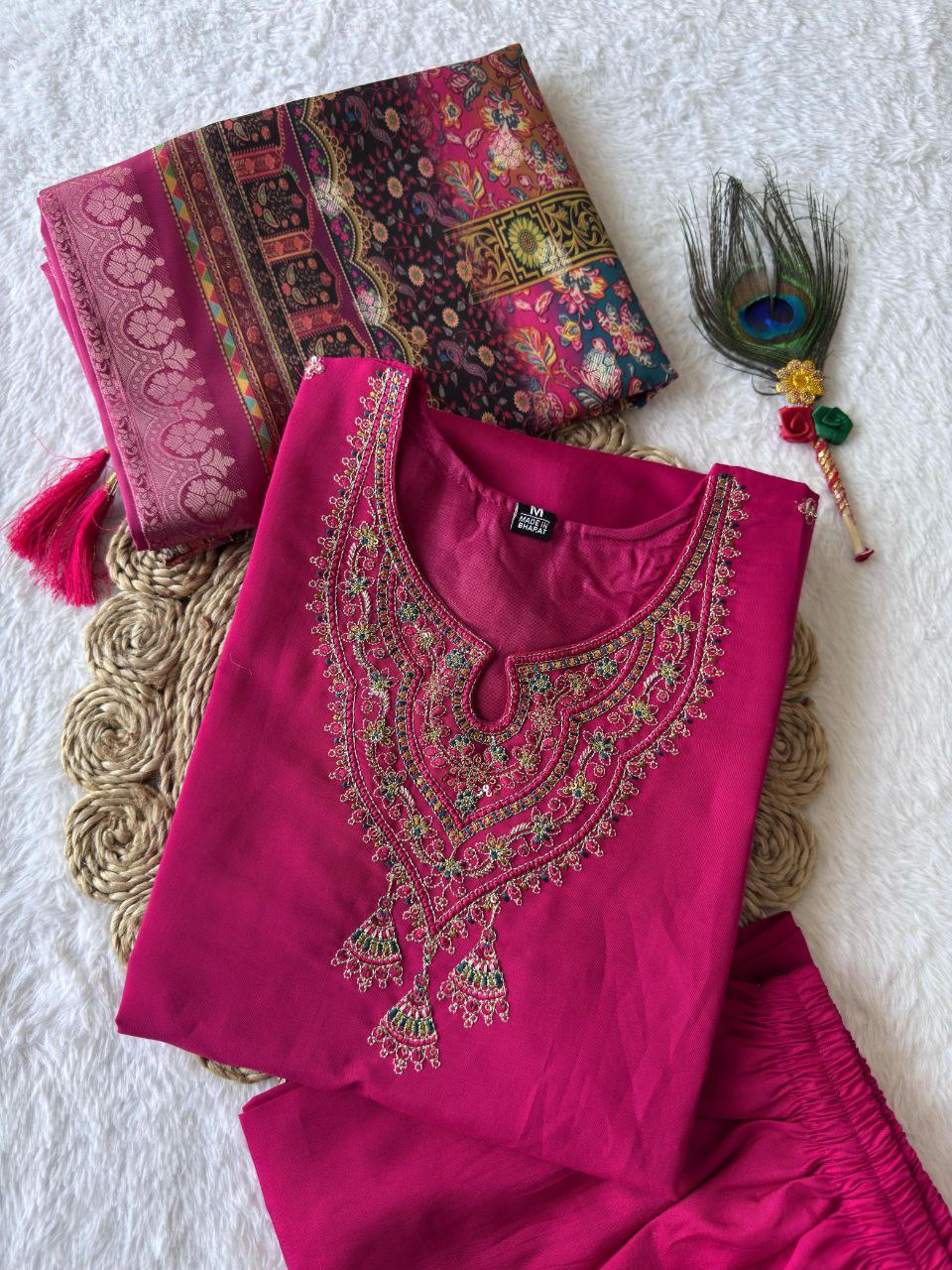 Lorenvalley Fashion Magenta Roman Silk Embroidery Multi Work Kurta Pant with Dupatta - Swadesiicart