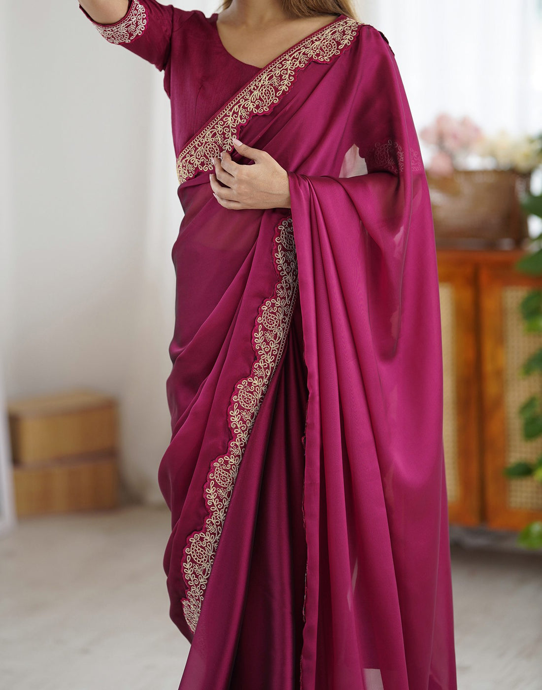 Lorenvalley Fashion Dark Magenta Rangoli Silk with Coding Lace Work Saree with Blouse - Swadesiicart
