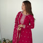 Lorenvalley Magenta Rangoli Silk Embroidery Sequence and Jari Work Kurta Trousers with Dupatta Set | Swadesiicart