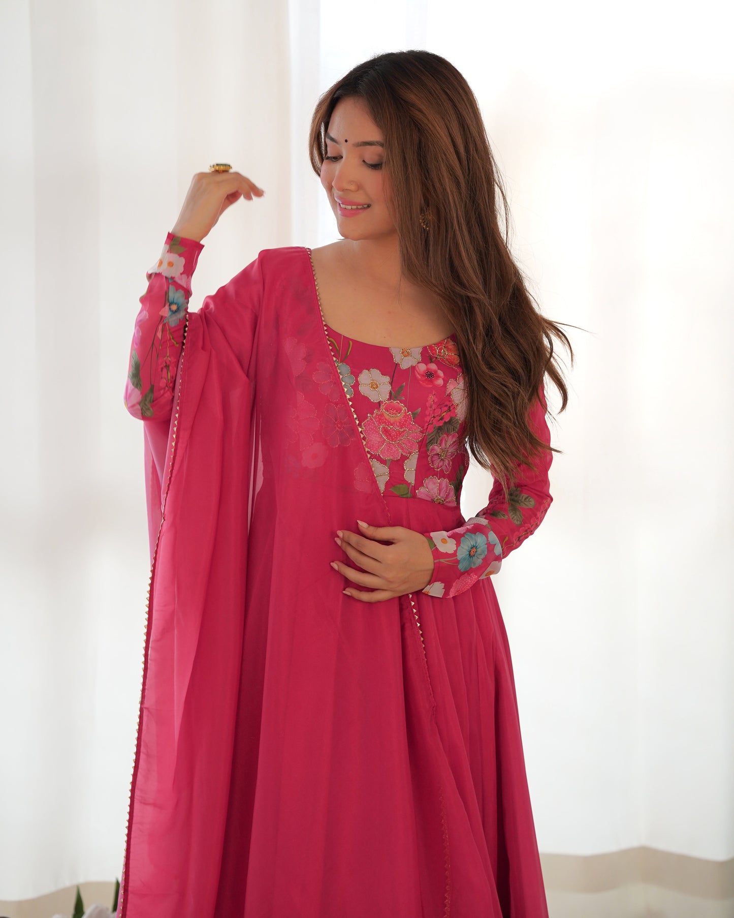 Lorenvalley Parrot Soft Organza Silk With Floral Print Fully Flared Anarkali Pant With Dupatta Set - Magenta | Swadesiicart