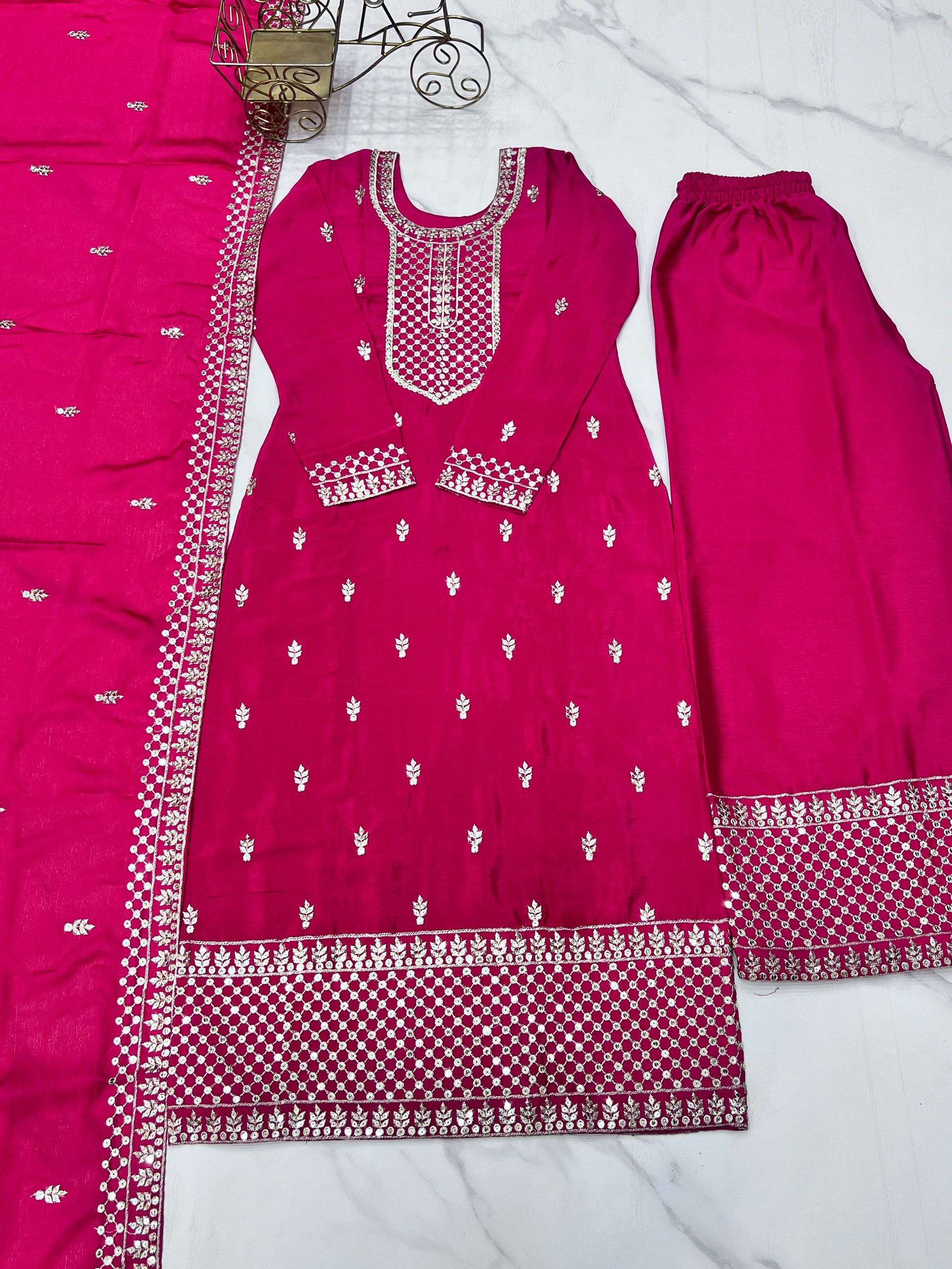 Lorenvalley Magenta Chinon Silk Embroidery Sequence and Jari Work Kurta Trousers with Dupatta Set | Swadesiicart