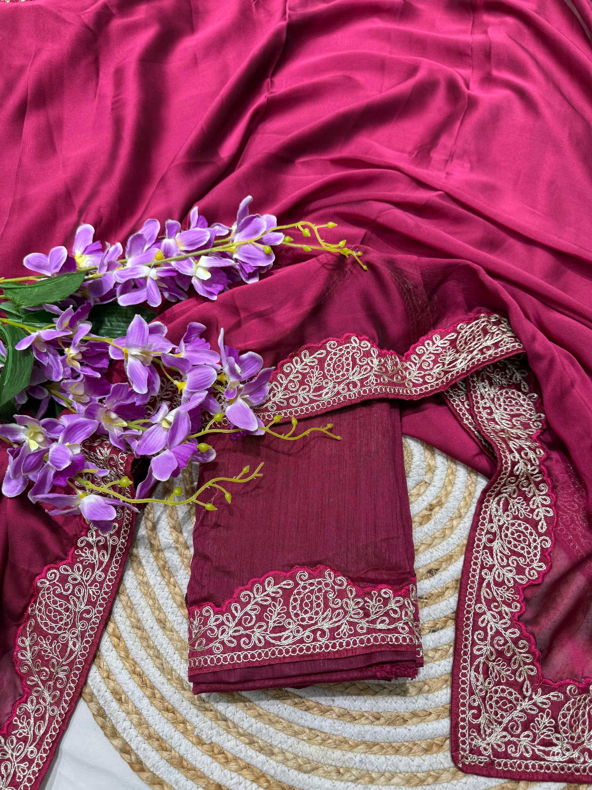 Lorenvalley Fashion Dark Magenta Rangoli Silk with Coding Lace Work Saree with Blouse - Swadesiicart
