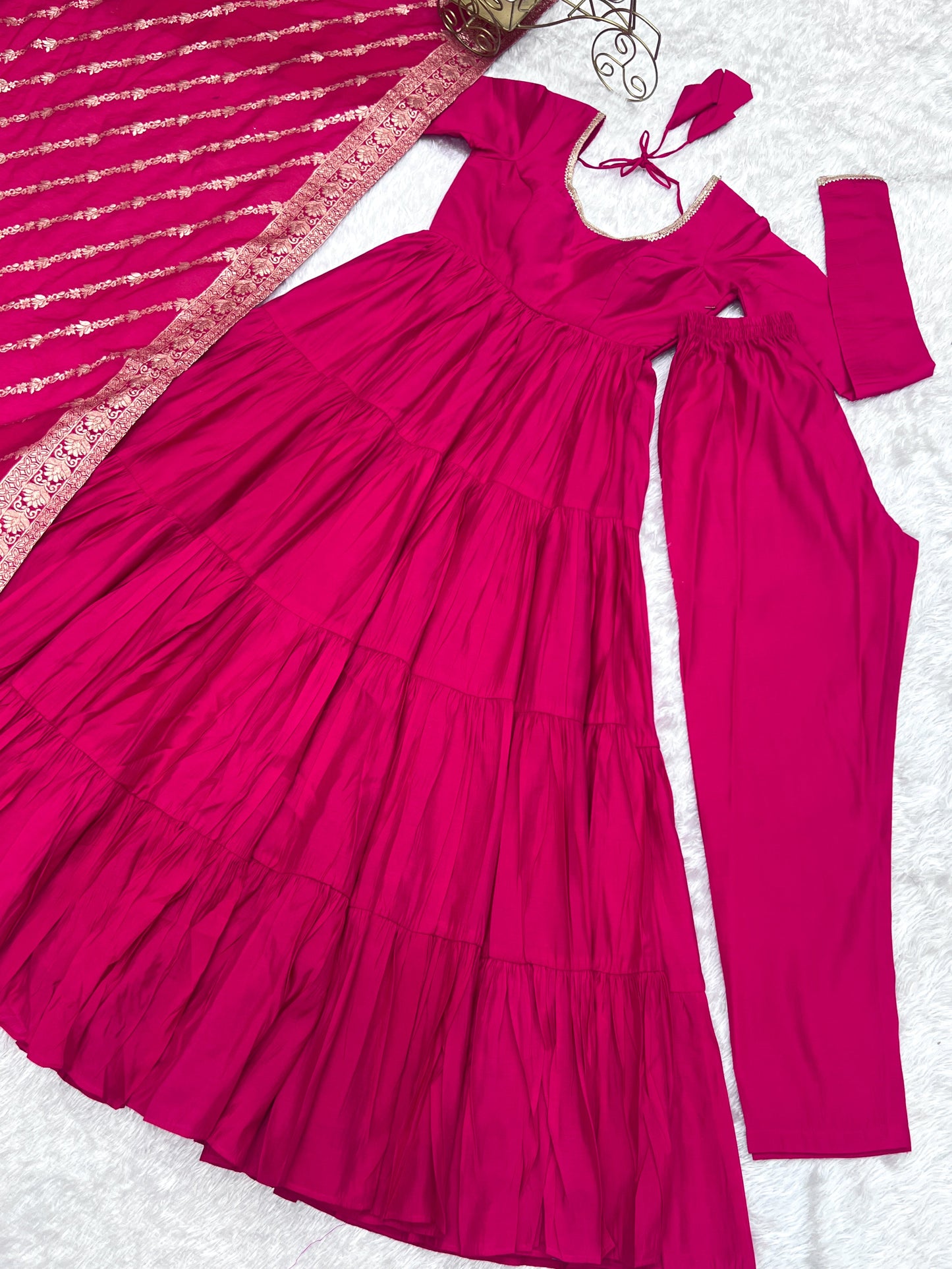 Lorenvalley Women Pure Roman silk Chanderi Fabric Layer Gathering Anarkali Kurta Pant With Dupatta Set - Magenta | Swadesiicart