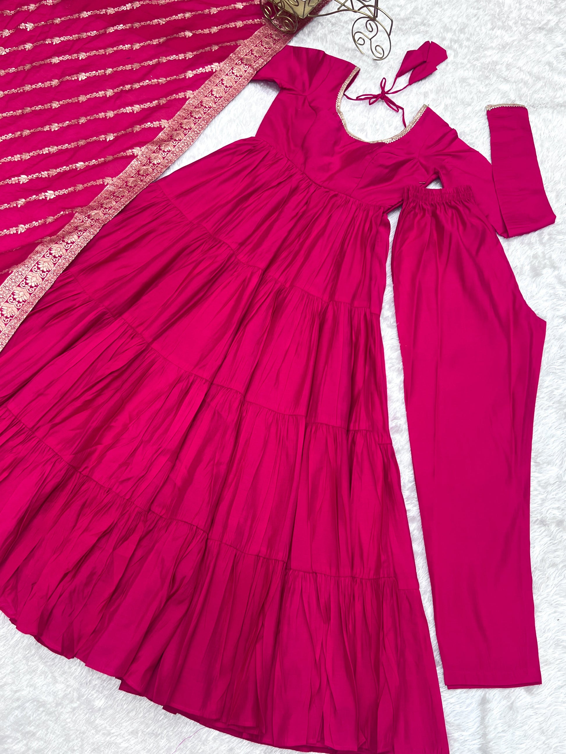 Lorenvalley Women Pure Roman silk Chanderi Fabric Layer Gathering Anarkali Kurta Pant With Dupatta Set - Magenta | Swadesiicart