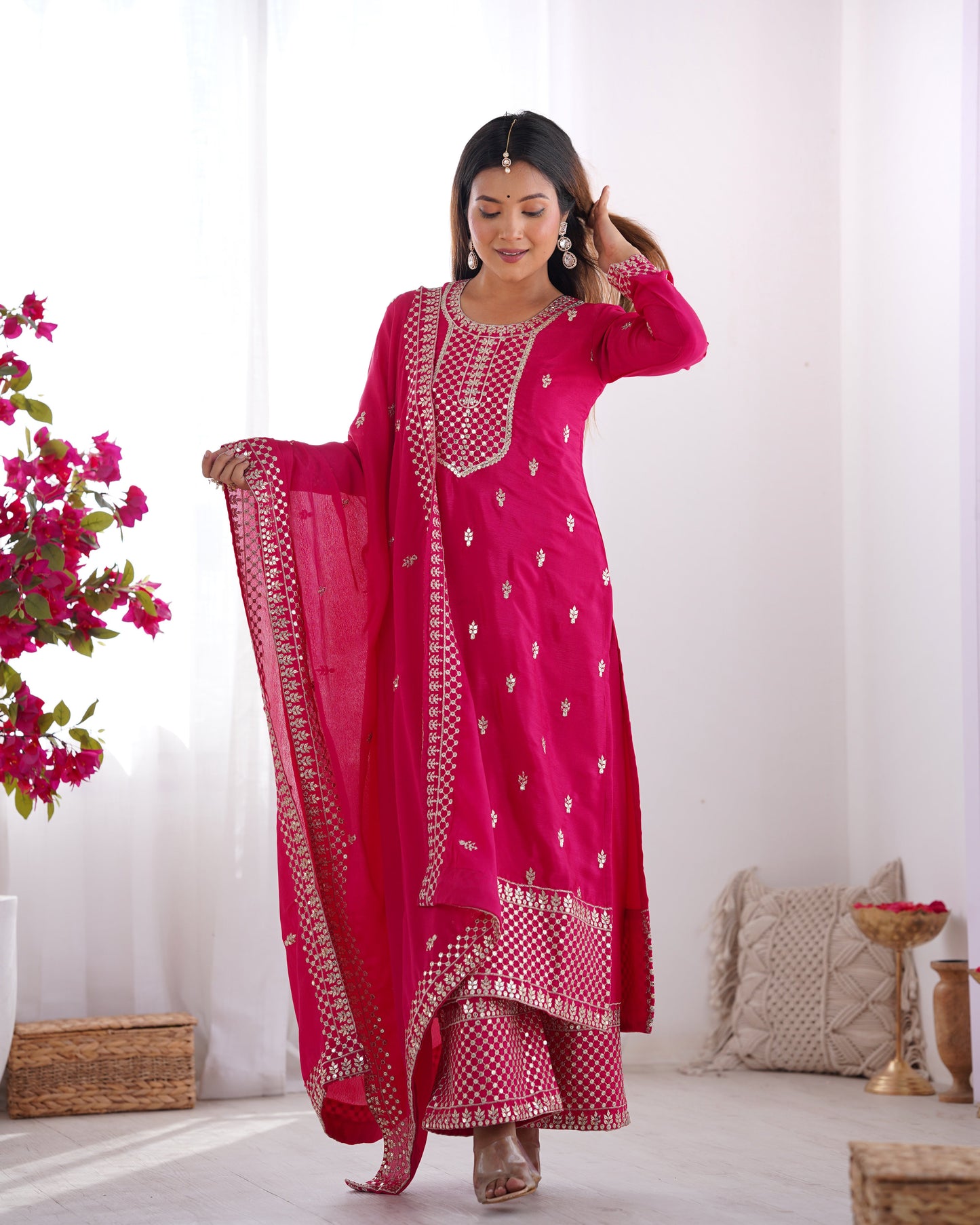 Lorenvalley Magenta Chinon Silk Embroidery Sequence and Jari Work Kurta Trousers with Dupatta Set | Swadesiicart