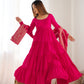 Lorenvalley Women Pure Roman silk Chanderi Fabric Layer Gathering Anarkali Kurta Pant With Dupatta Set - Magenta | Swadesiicart