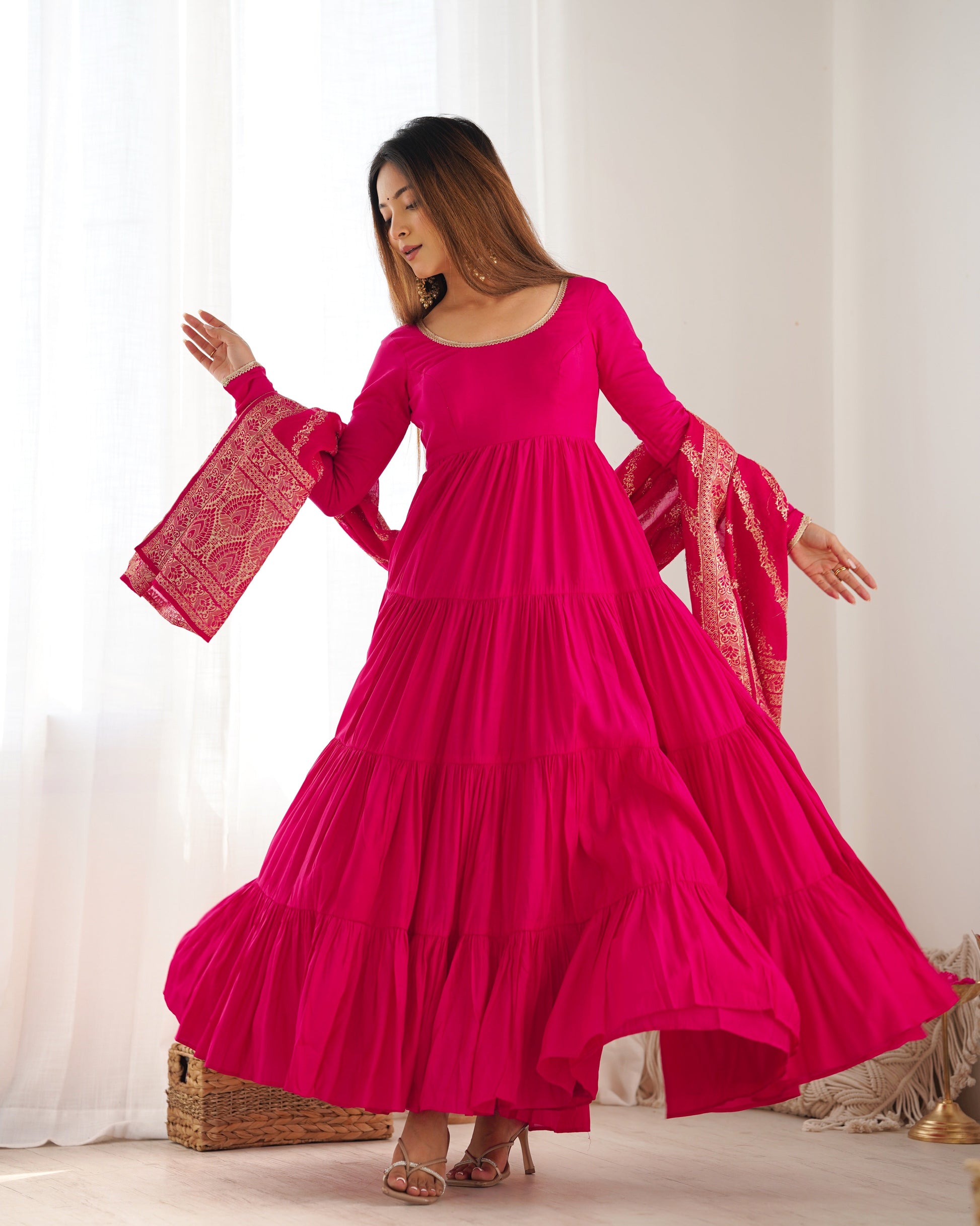 Lorenvalley Women Pure Roman silk Chanderi Fabric Layer Gathering Anarkali Kurta Pant With Dupatta Set - Magenta | Swadesiicart