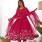 Lorenvalley Parrot Soft Organza Silk With Floral Print Fully Flared Anarkali Pant With Dupatta Set - Magenta | Swadesiicart