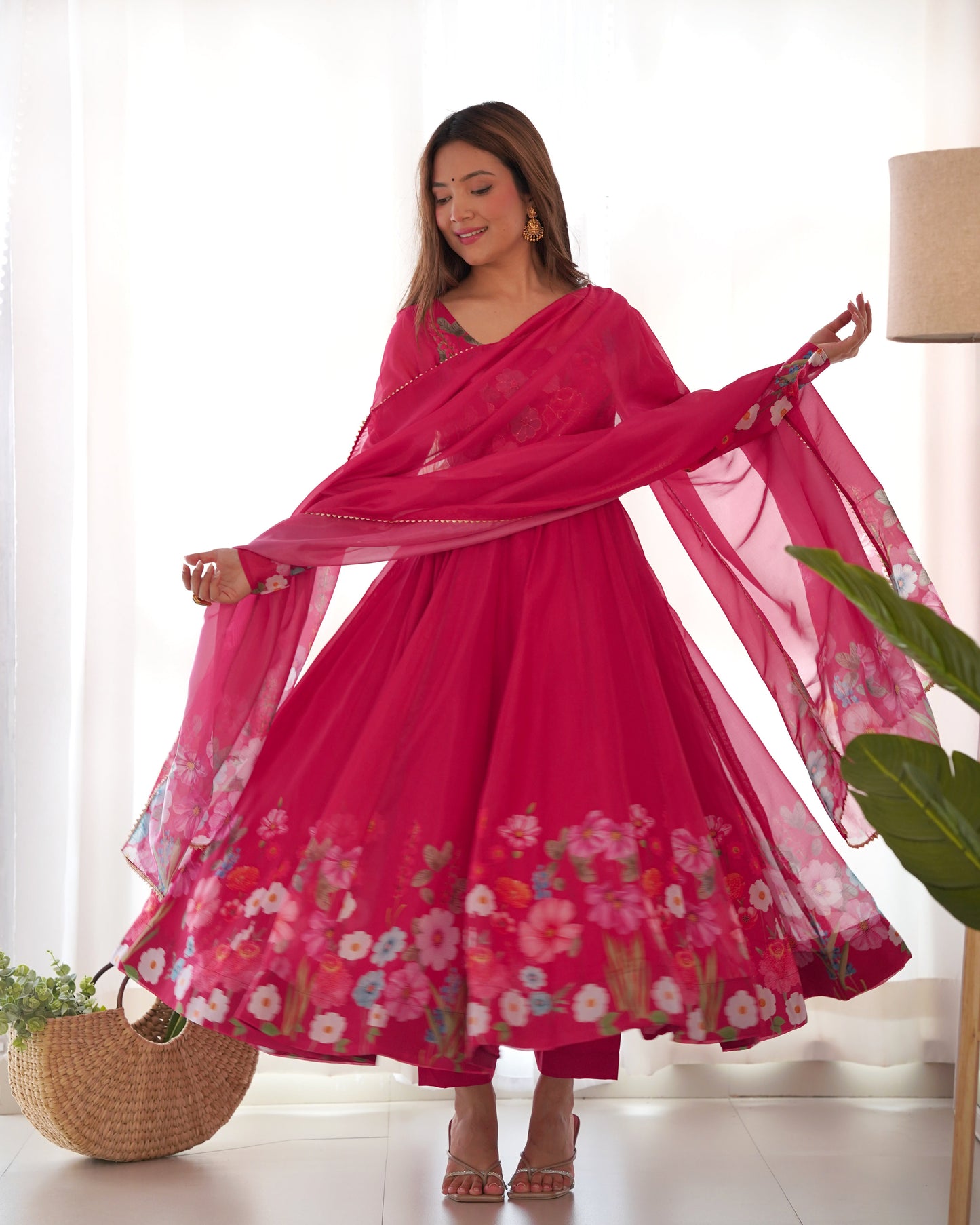 Lorenvalley Parrot Soft Organza Silk With Floral Print Fully Flared Anarkali Pant With Dupatta Set - Magenta | Swadesiicart
