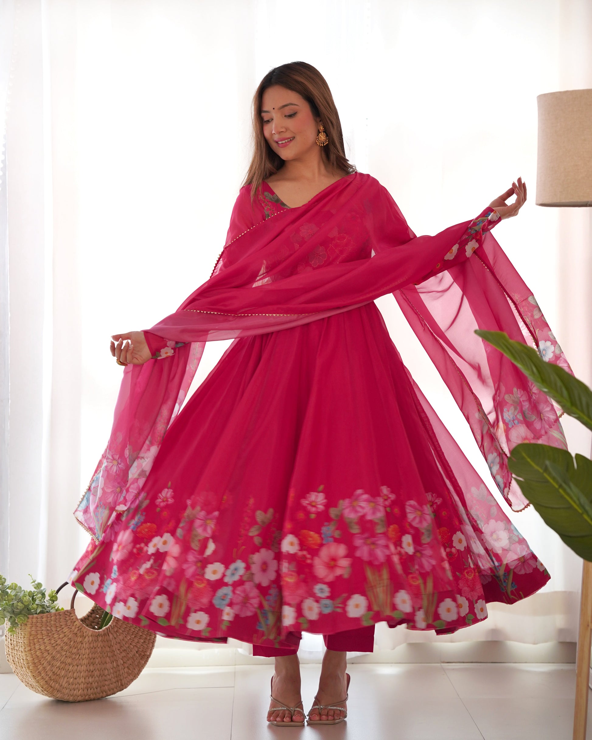 Lorenvalley Parrot Soft Organza Silk With Floral Print Fully Flared Anarkali Pant With Dupatta Set - Magenta | Swadesiicart