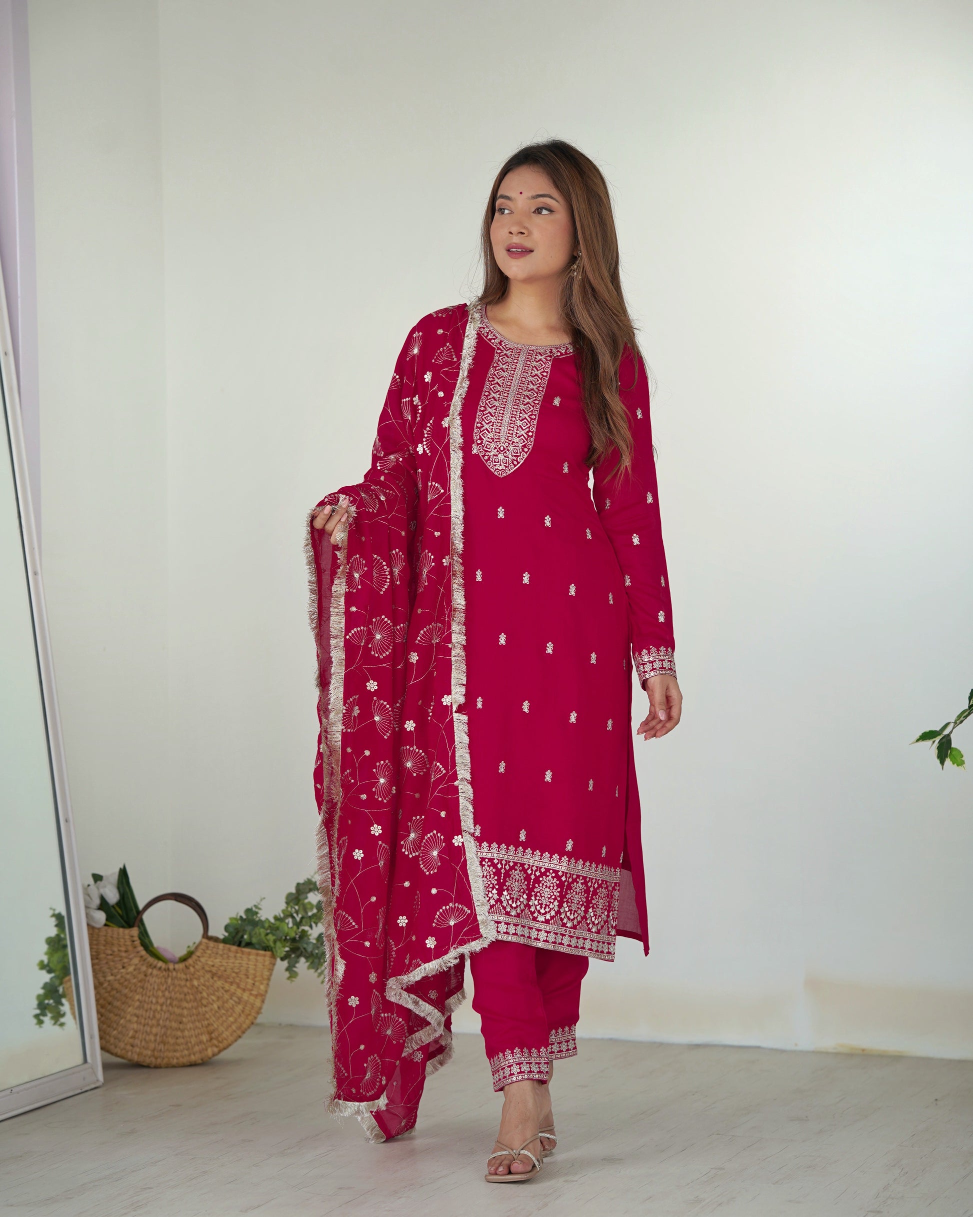 Lorenvalley Magenta Rangoli Silk Embroidery Sequence and Jari Work Kurta Trousers with Dupatta Set | Swadesiicart