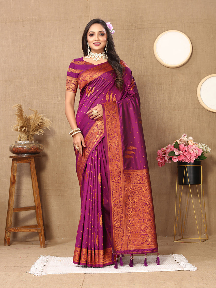 Lorenvalley Fashion Magenta Soft Silk Copper Zari weaving Design Saree - Swadesiicart