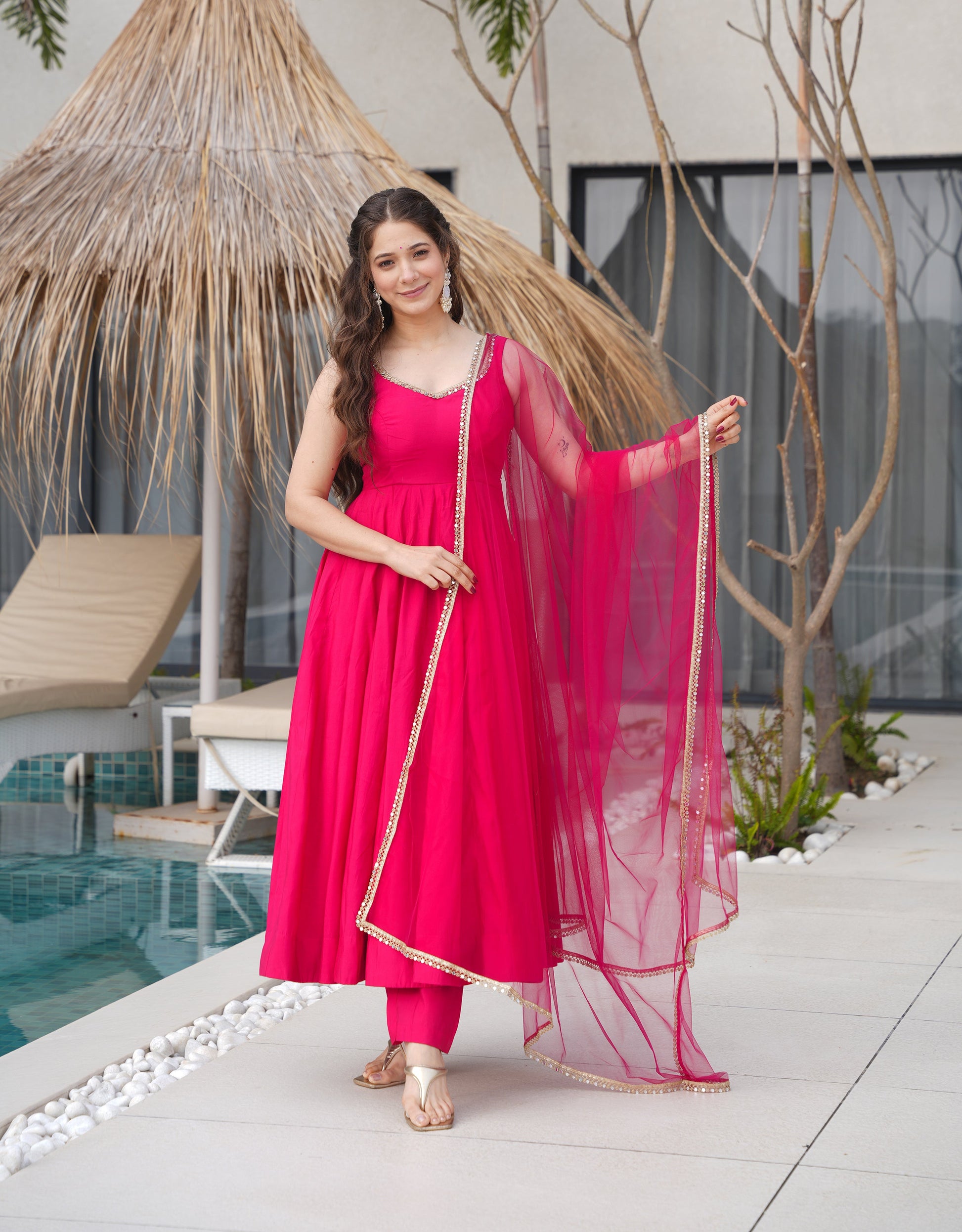 Lorenvalley Magenta Pure Romansilk Chanderi Fabric Yoke Fancy Lace Work Anarkali Kurta Pant With Dupatta Set | Swadesiicart