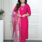 Lorenvalley Fashion Magenta Roman Silk Hand Work Kurta Pant with Dupatta - Swadesiicart