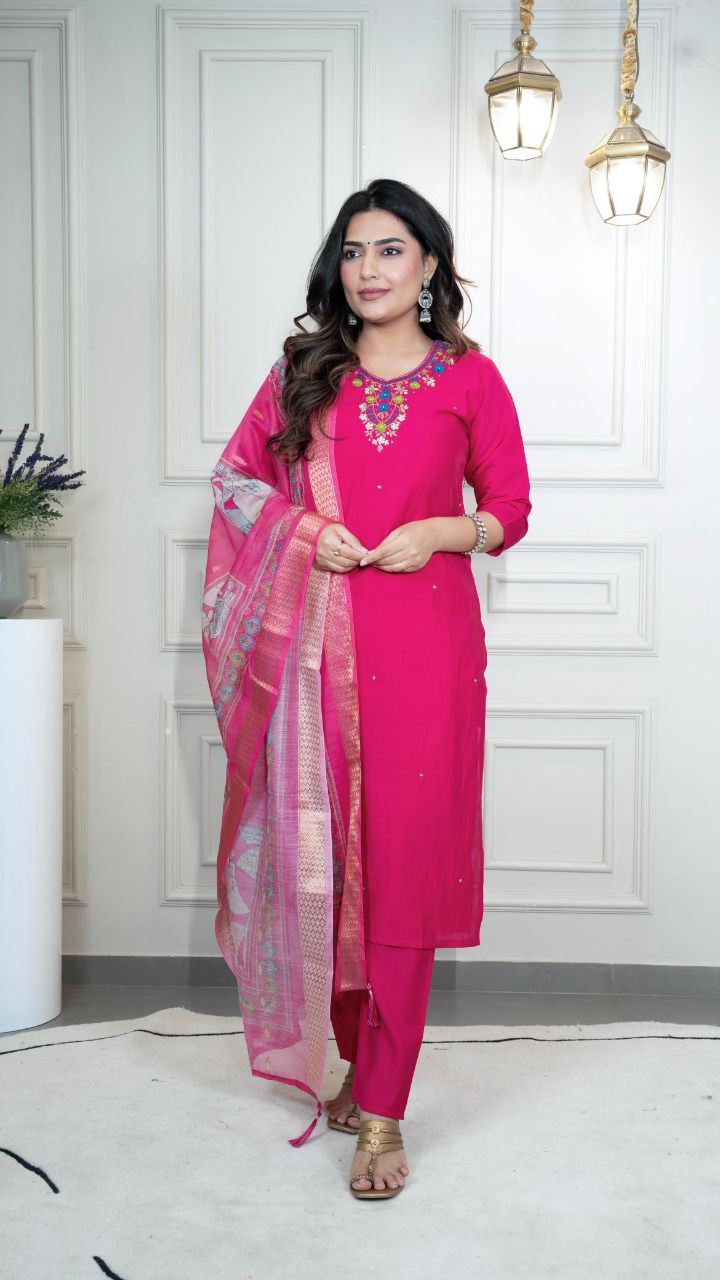 Lorenvalley Fashion Magenta Roman Silk Hand Work Kurta Pant with Dupatta - Swadesiicart
