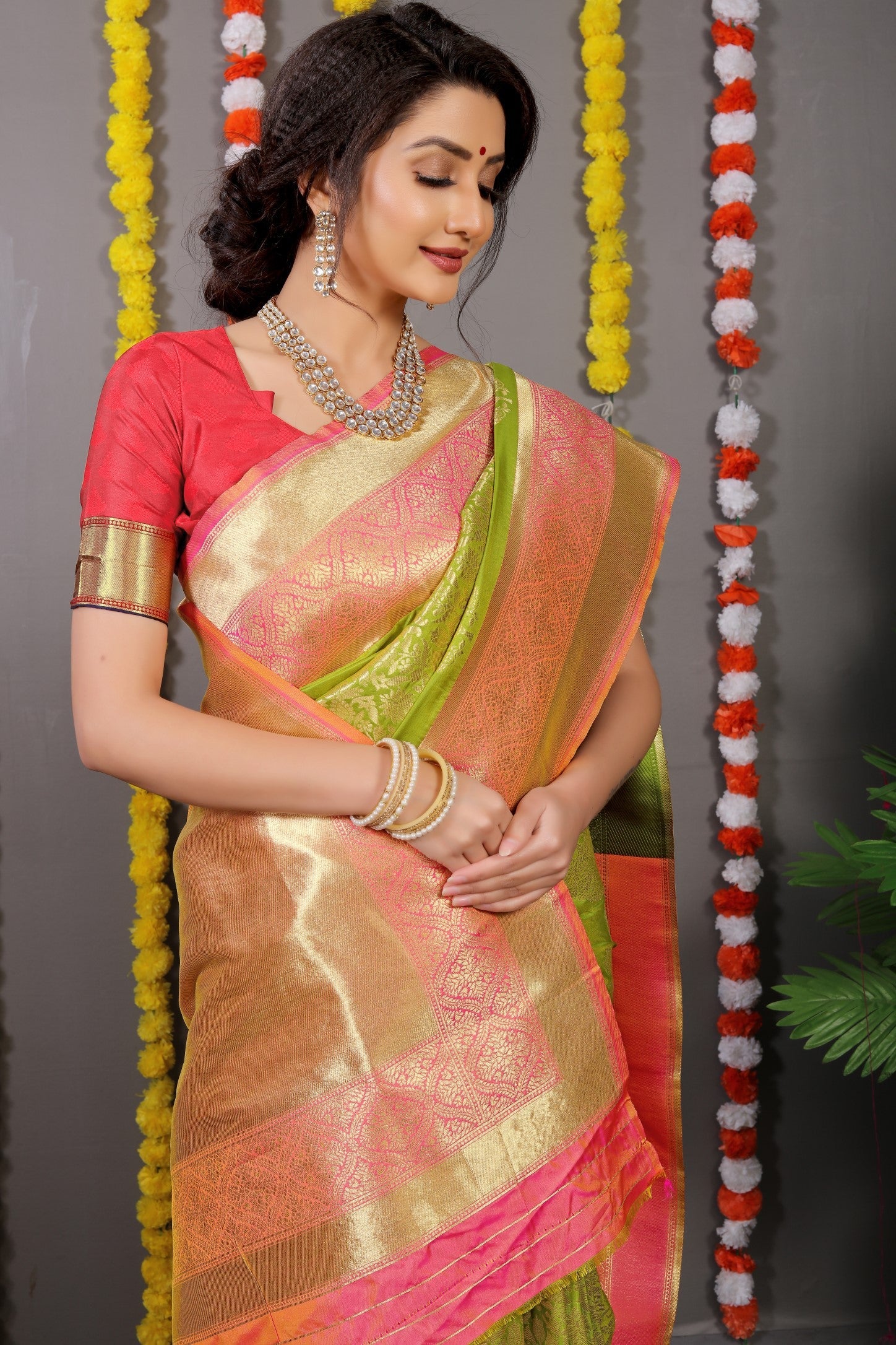 Anaita Green Woven Design Pure Silk Banarasi Saree With Blouse