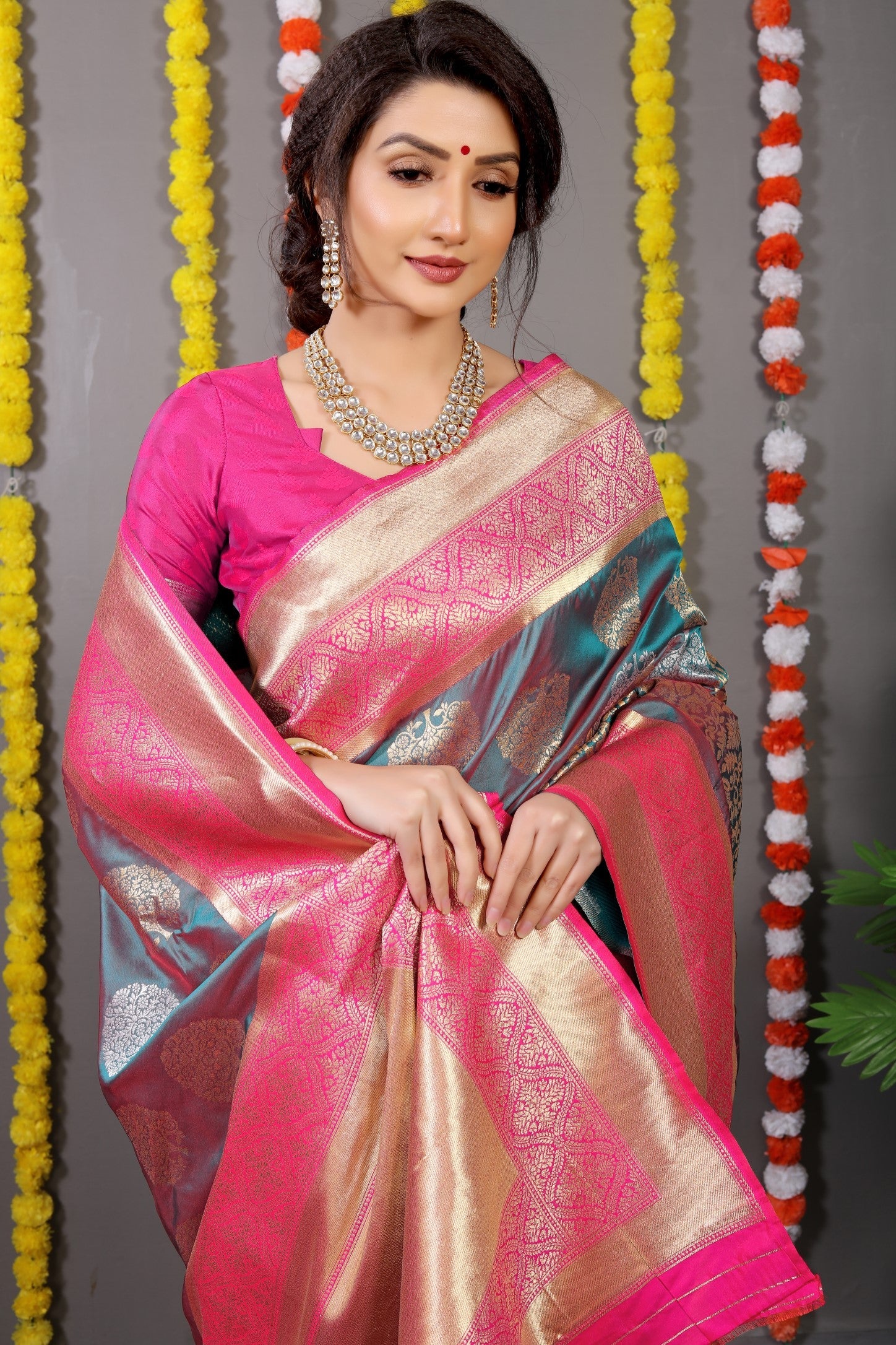 Anaita Grey Woven Design Pure Silk Banarasi Saree With Blouse