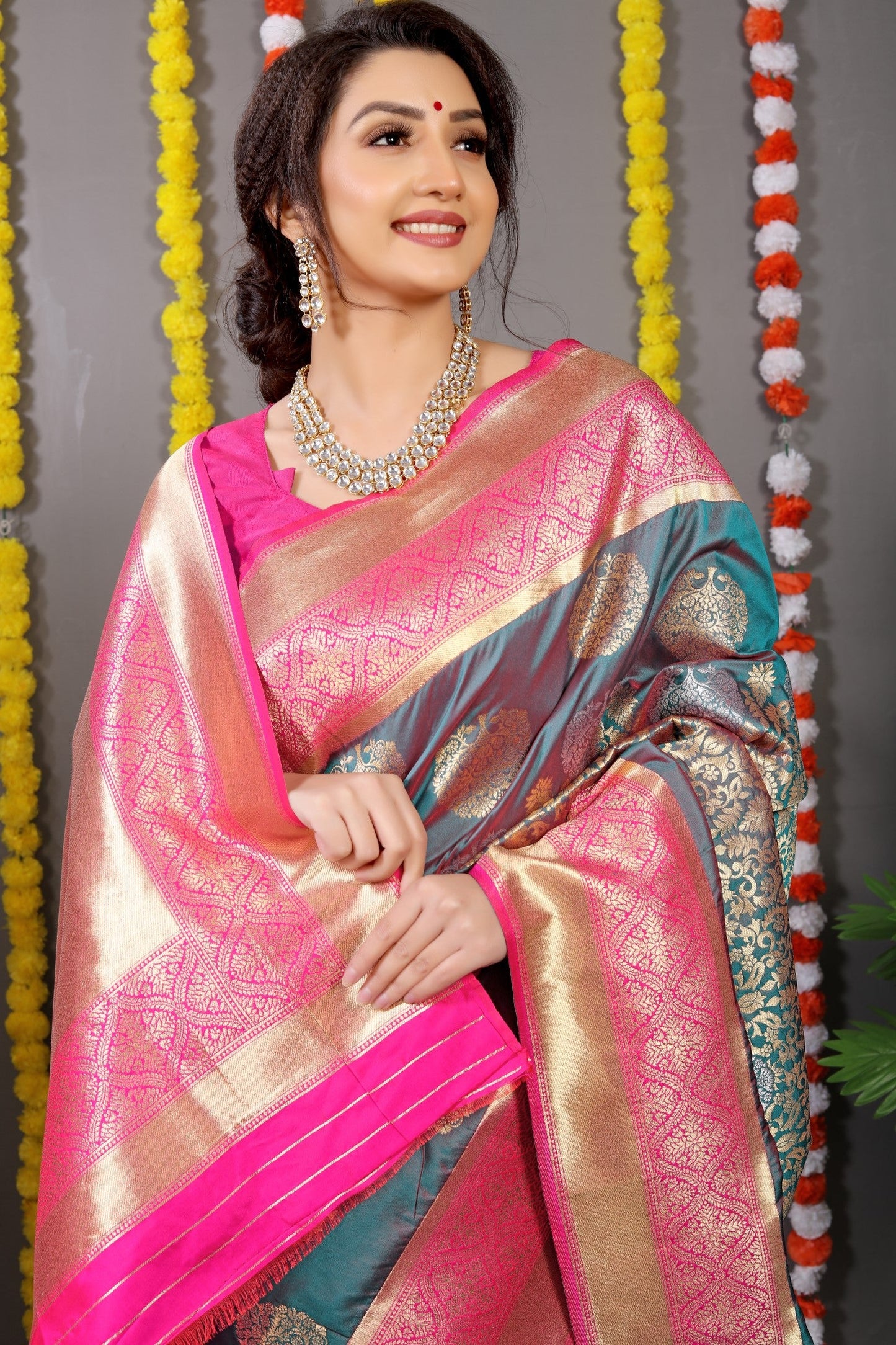 Anaita Grey Woven Design Pure Silk Banarasi Saree With Blouse