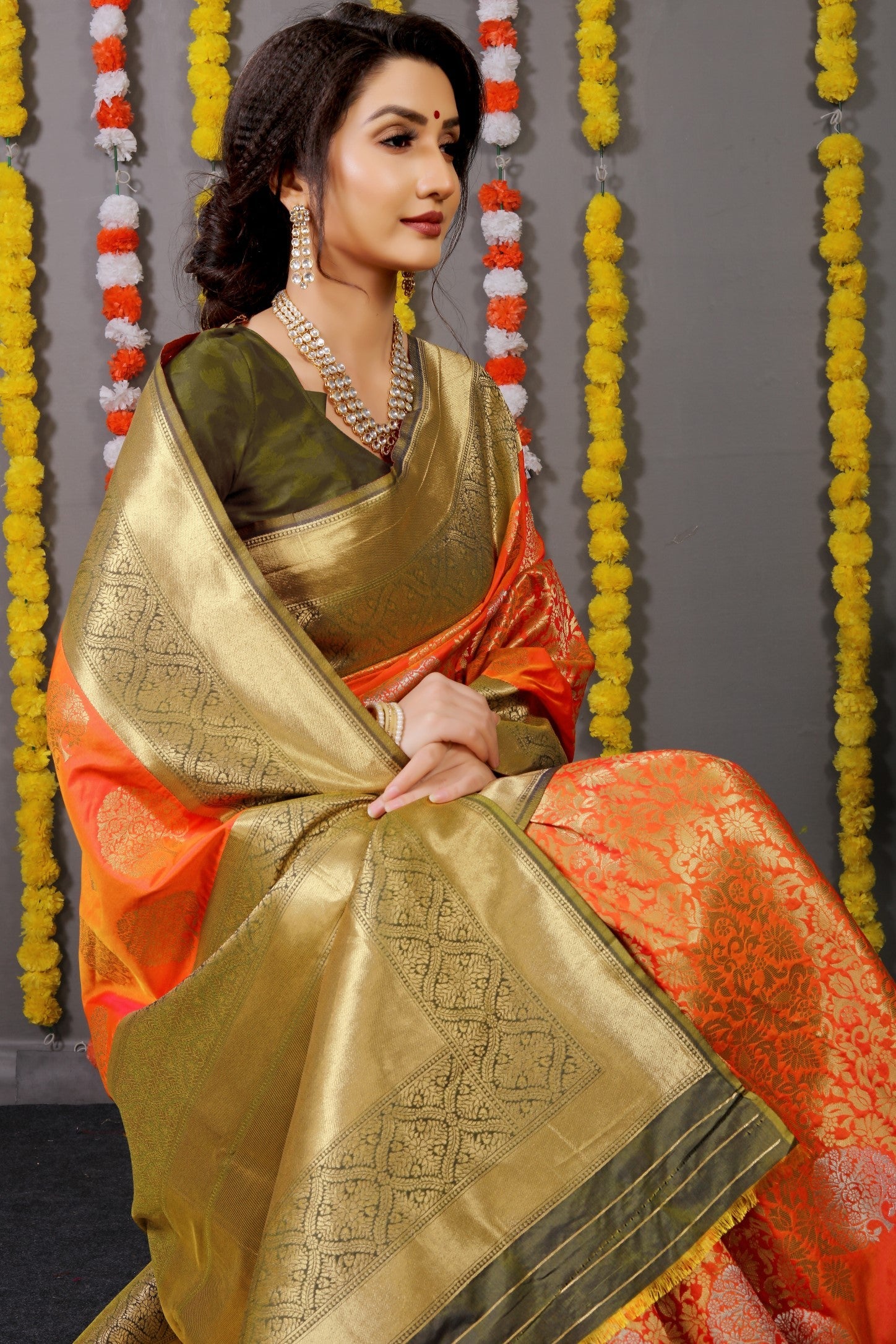 Anaita Orange Woven Design Pure Silk Banarasi Saree With Blouse