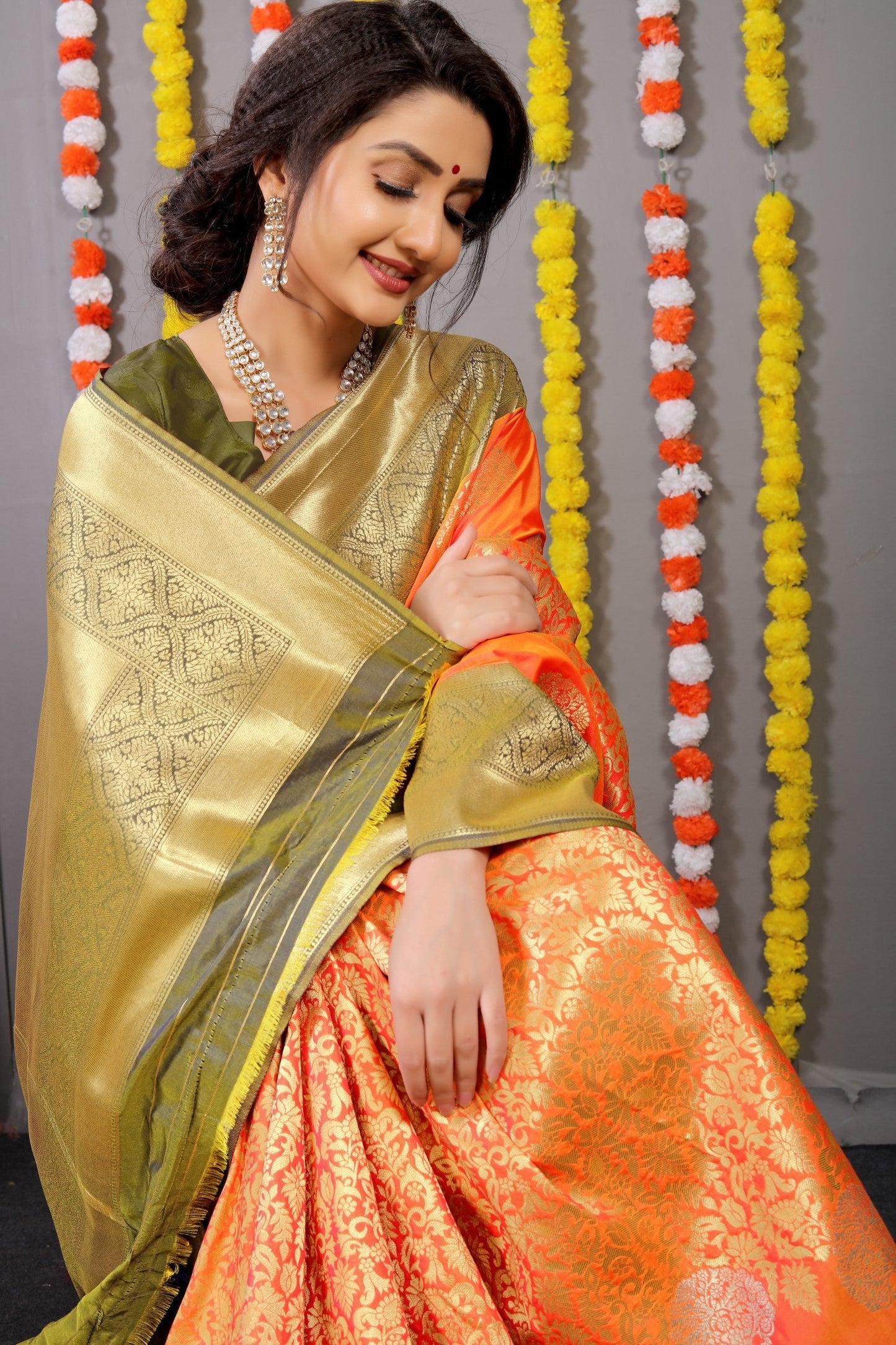 Anaita Orange Woven Design Pure Silk Banarasi Saree With Blouse