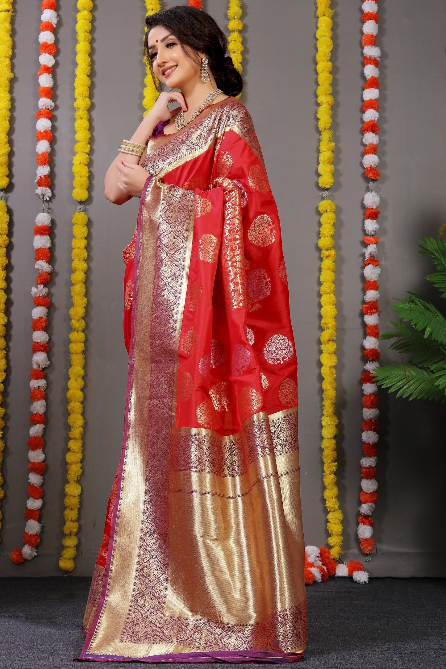 Anaita Red Woven Design Pure Silk Banarasi Saree With Blouse