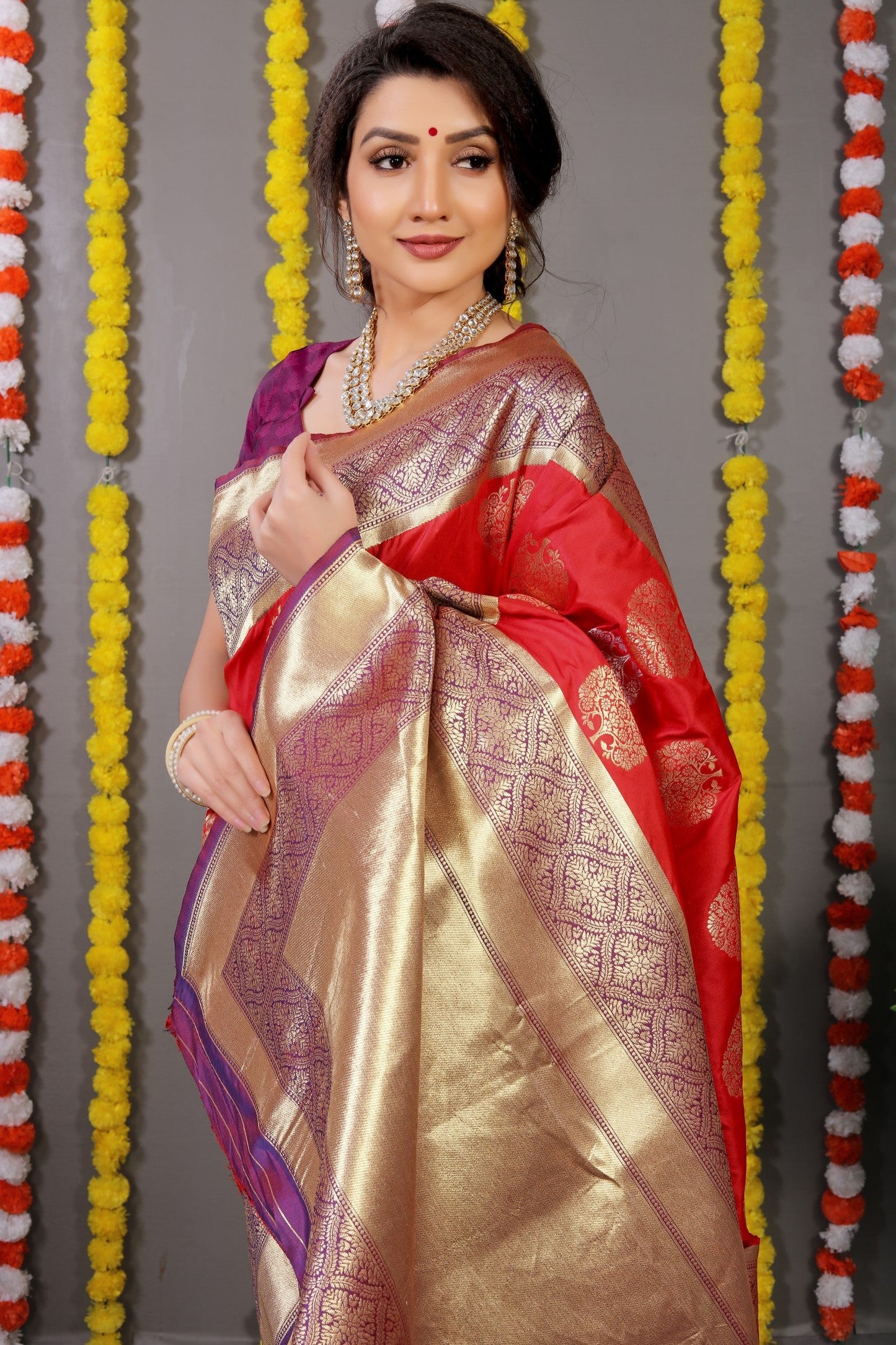 Anaita Red Woven Design Pure Silk Banarasi Saree With Blouse