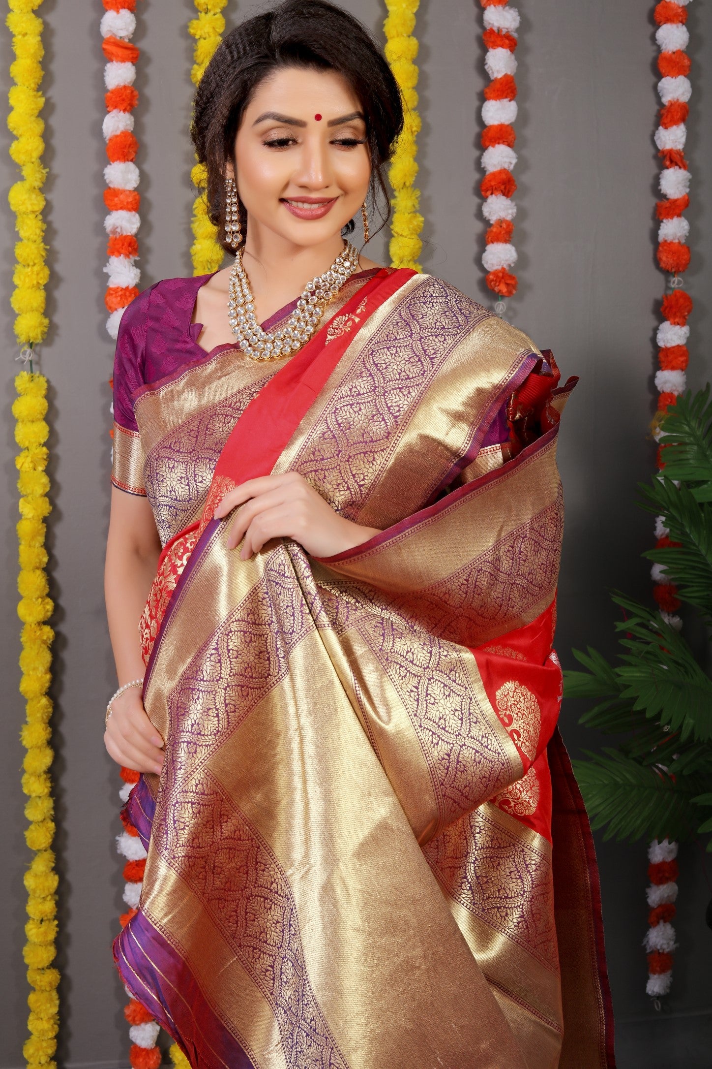 Anaita Red Woven Design Pure Silk Banarasi Saree With Blouse