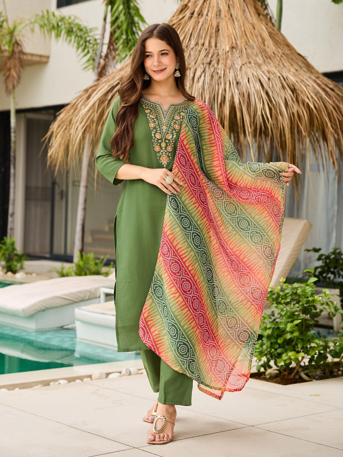 The52 Women's Gorgeous Rayon Embroidery work Straight Kurta with Pant and Dupatta Set - Swadesiicart