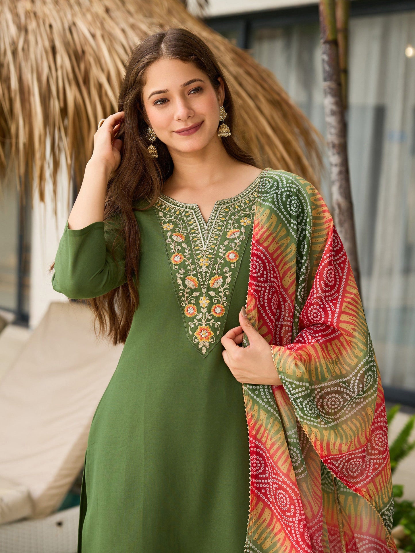 The52 Women's Gorgeous Rayon Embroidery work Straight Kurta with Pant and Dupatta Set - Swadesiicart